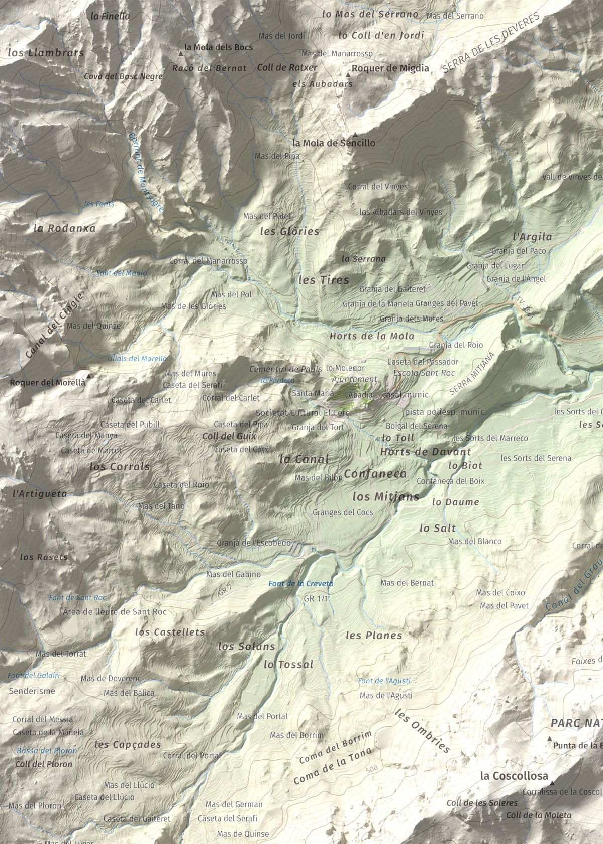 Mapa de relieve de la Moleta, 812 m, Baix Ebre, lámina 100 Cims de Trobart. Detalle de la zona superior izquierda. 50 × 70 cm.