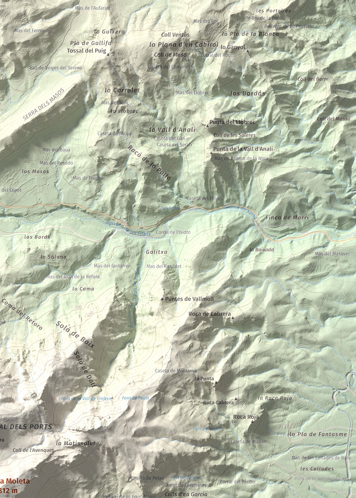 Mapa de relieve de la Moleta, 812 m, Baix Ebre, lámina 100 Cims de Trobart. Detalle de la zona superior derecha. 50 × 70 cm.