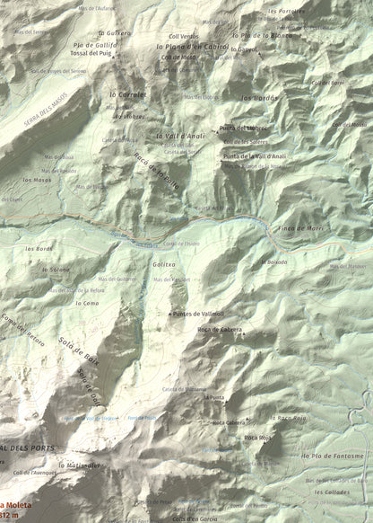Mapa de relieve de la Moleta, 812 m, Baix Ebre, lámina 100 Cims de Trobart. Detalle de la zona superior derecha. 50 × 70 cm.