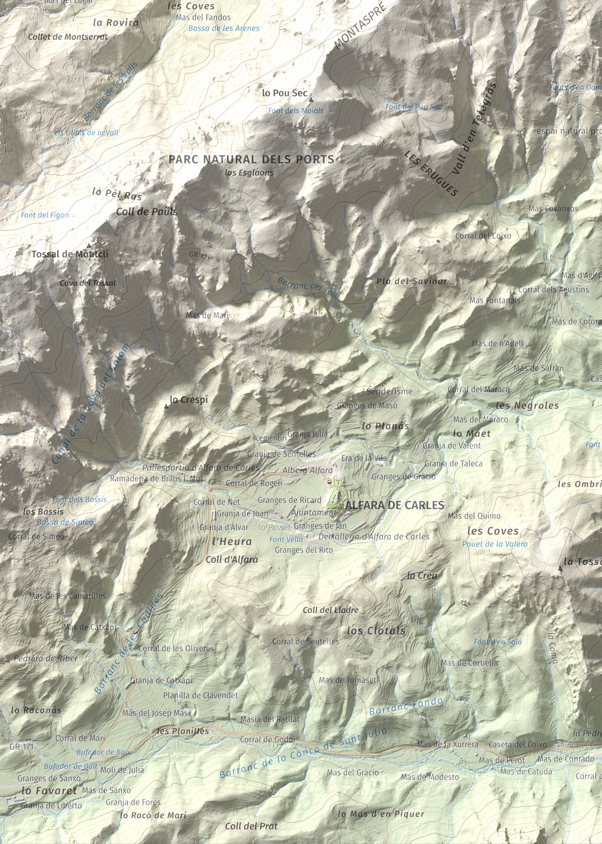 Mapa de relieve de la Moleta, 812 m, Baix Ebre, lámina 100 Cims de Trobart. Detalle de la zona inferior izquierda. 50 × 70 cm.