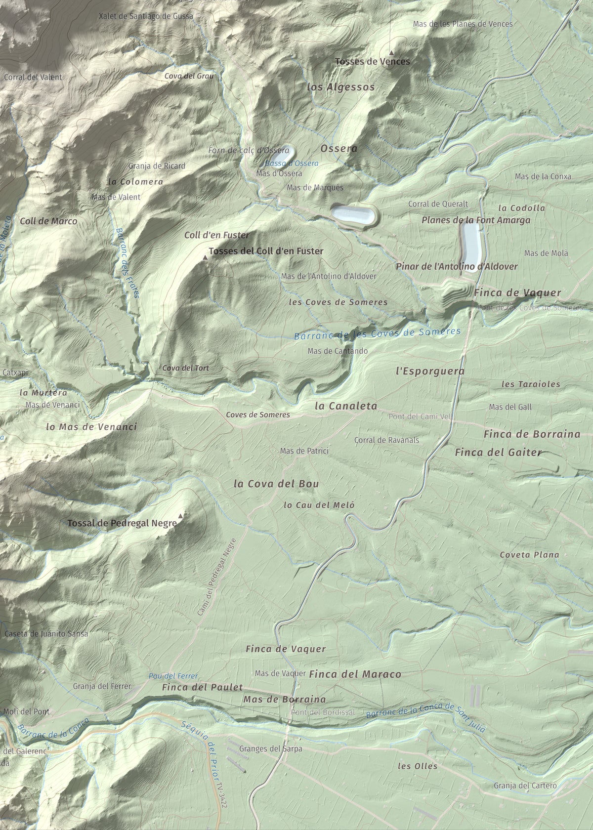 Mapa de relieve de la Moleta, 812 m, Baix Ebre, lámina 100 Cims de Trobart. Detalle de la zona inferior derecha. 50 × 70 cm.