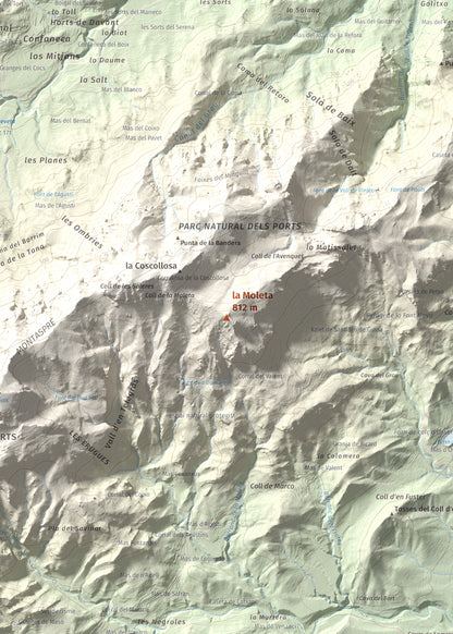 Mapa de relieve de la Moleta, 812 m, Baix Ebre, lámina 100 Cims de Trobart. Detalle de la zona central. 50 × 70 cm.