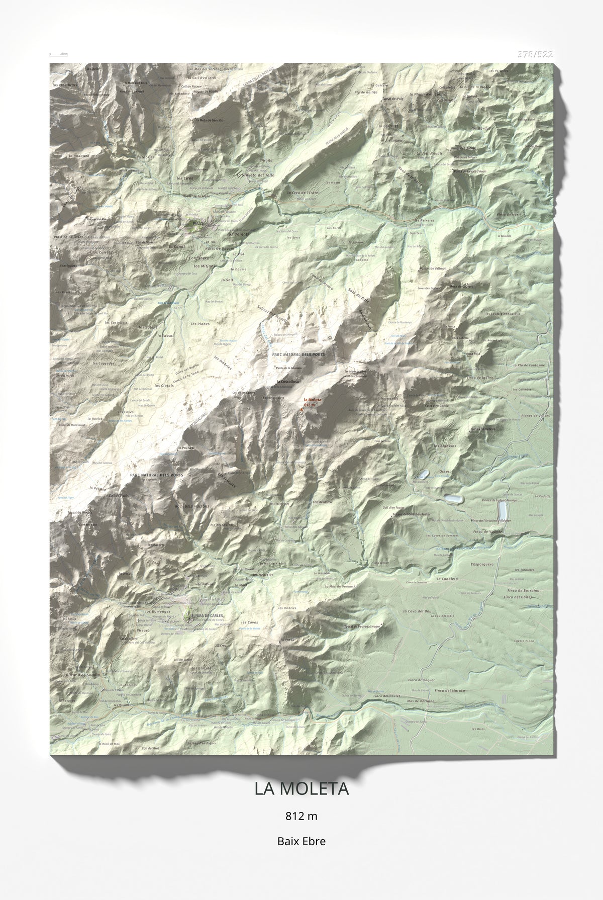 Mapa de relieve de la Moleta, 812 m, Baix Ebre, lámina 100 Cims de Trobart 61 × 91 cm.
