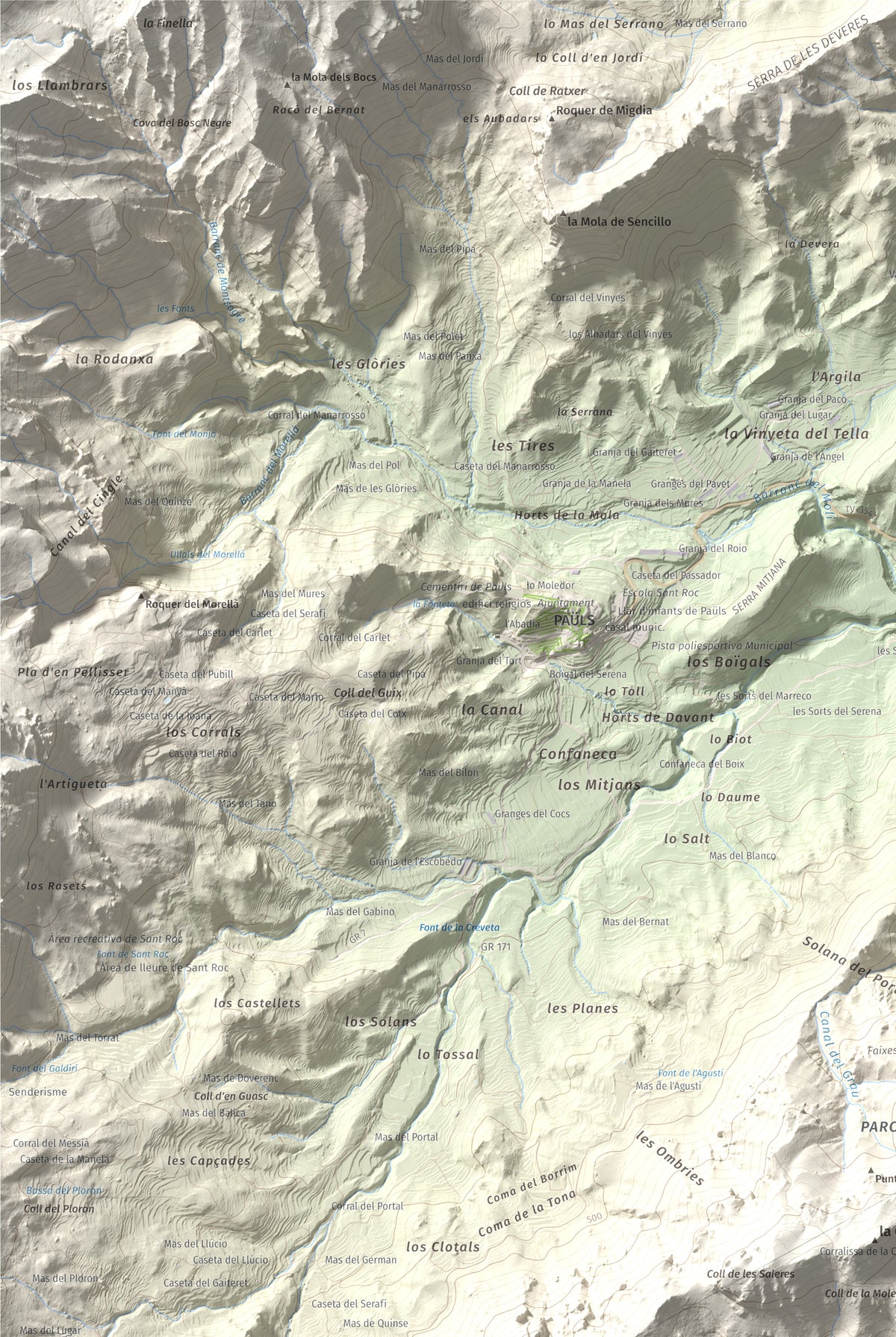 Mapa de relieve de la Moleta, 812 m, Baix Ebre, lámina 100 Cims de Trobart. Detalle de la zona superior izquierda. 61 × 91 cm.