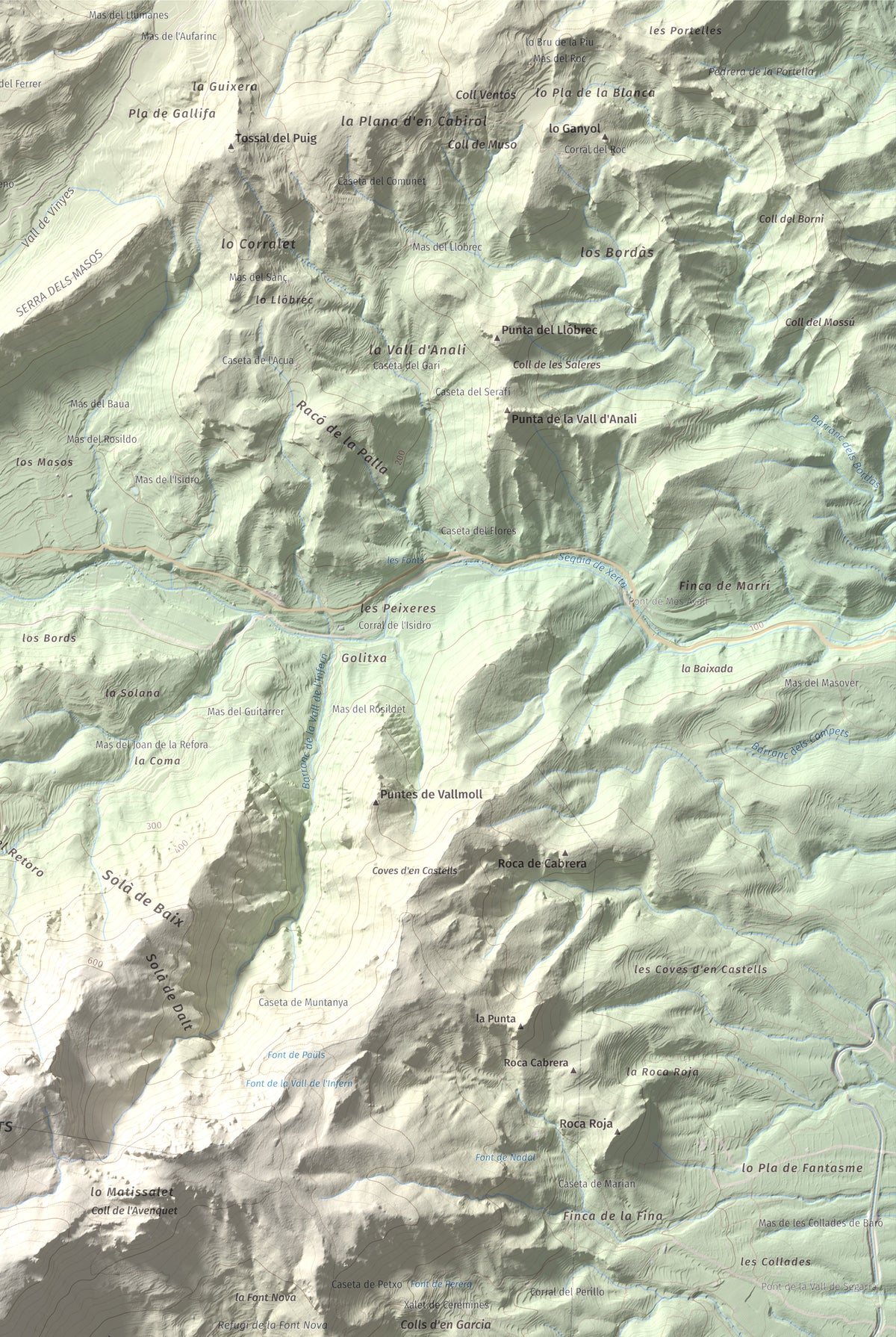 Mapa de relieve de la Moleta, 812 m, Baix Ebre, lámina 100 Cims de Trobart. Detalle de la zona superior derecha. 61 × 91 cm.
