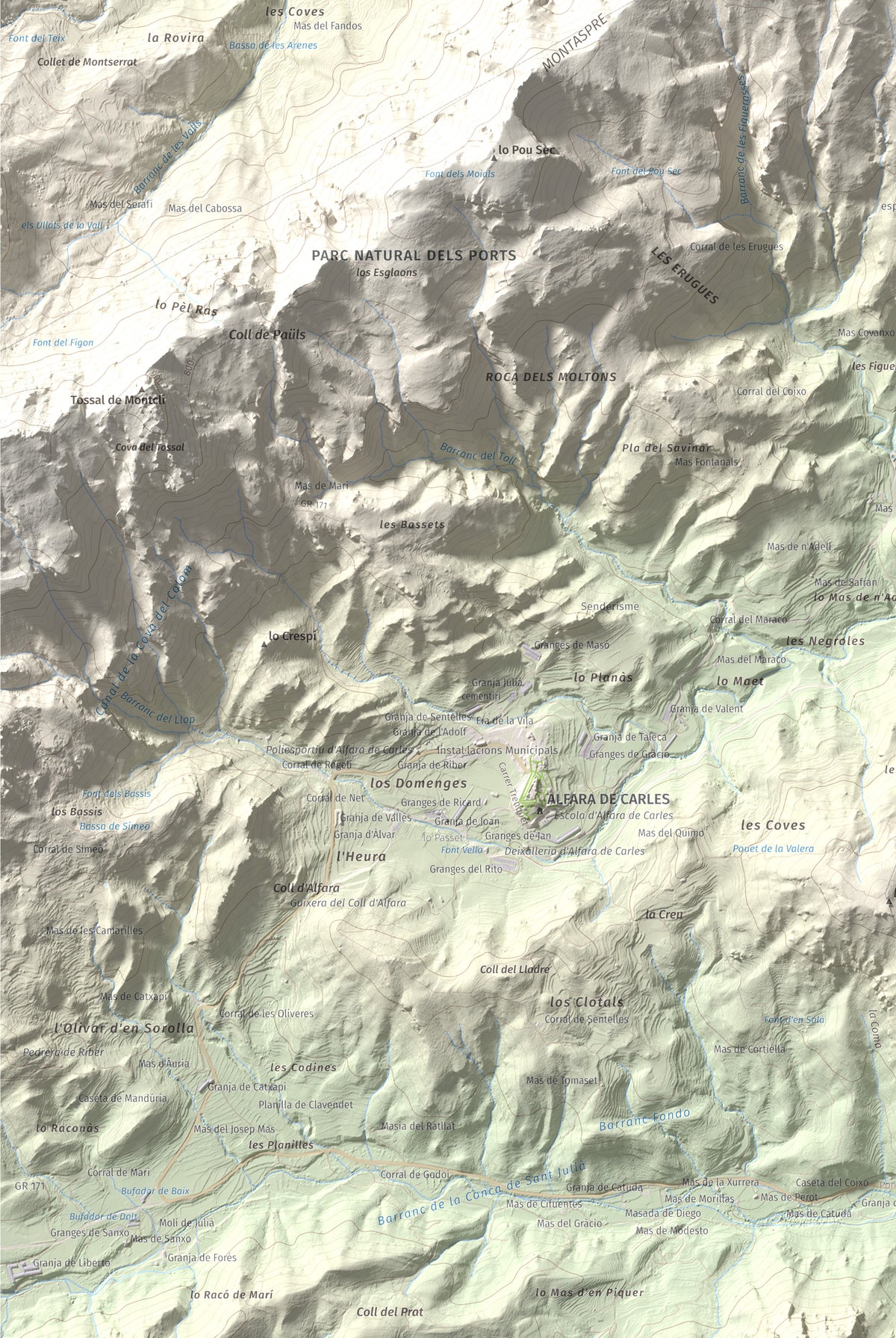 Mapa de relieve de la Moleta, 812 m, Baix Ebre, lámina 100 Cims de Trobart. Detalle de la zona inferior izquierda. 61 × 91 cm.