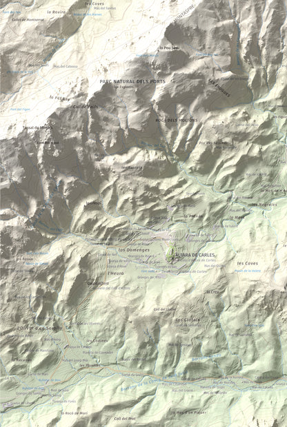 Mapa de relieve de la Moleta, 812 m, Baix Ebre, lámina 100 Cims de Trobart. Detalle de la zona inferior izquierda. 61 × 91 cm.