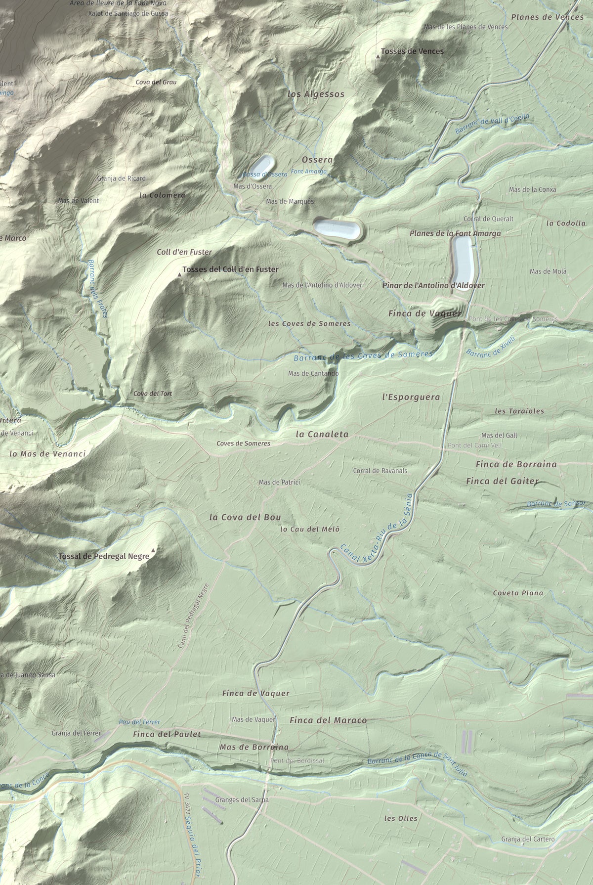 Mapa de relieve de la Moleta, 812 m, Baix Ebre, lámina 100 Cims de Trobart. Detalle de la zona inferior derecha. 61 × 91 cm.
