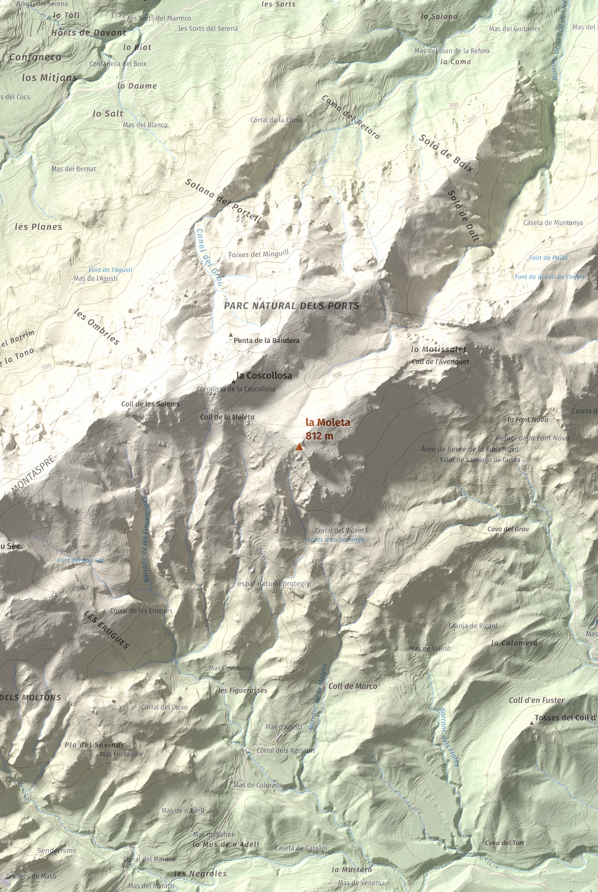 Mapa de relieve de la Moleta, 812 m, Baix Ebre, lámina 100 Cims de Trobart. Detalle de la zona central. 61 × 91 cm.