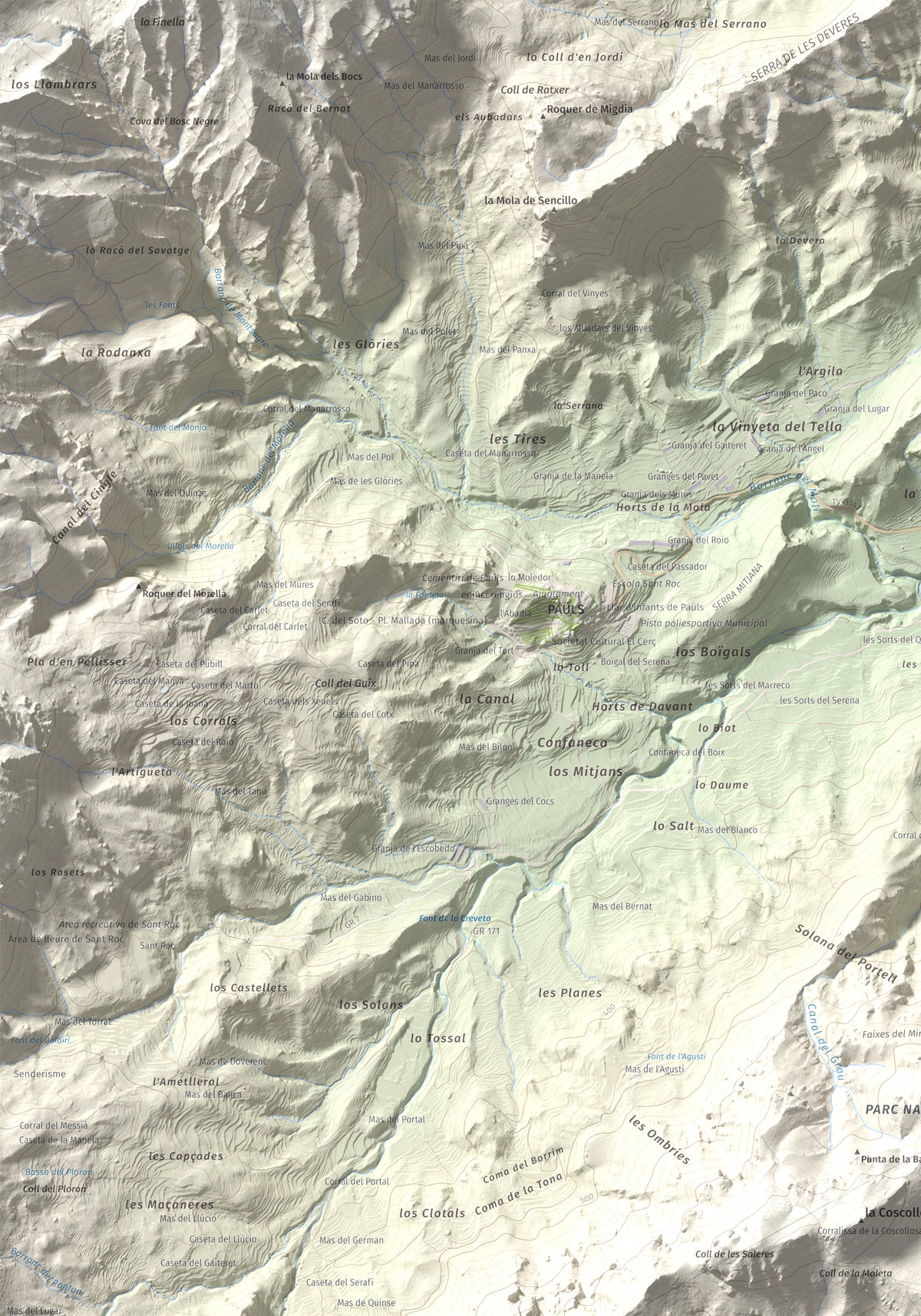 Mapa de relieve de la Moleta, 812 m, Baix Ebre, lámina 100 Cims de Trobart. Detalle de la zona superior izquierda. 70 × 100 cm.