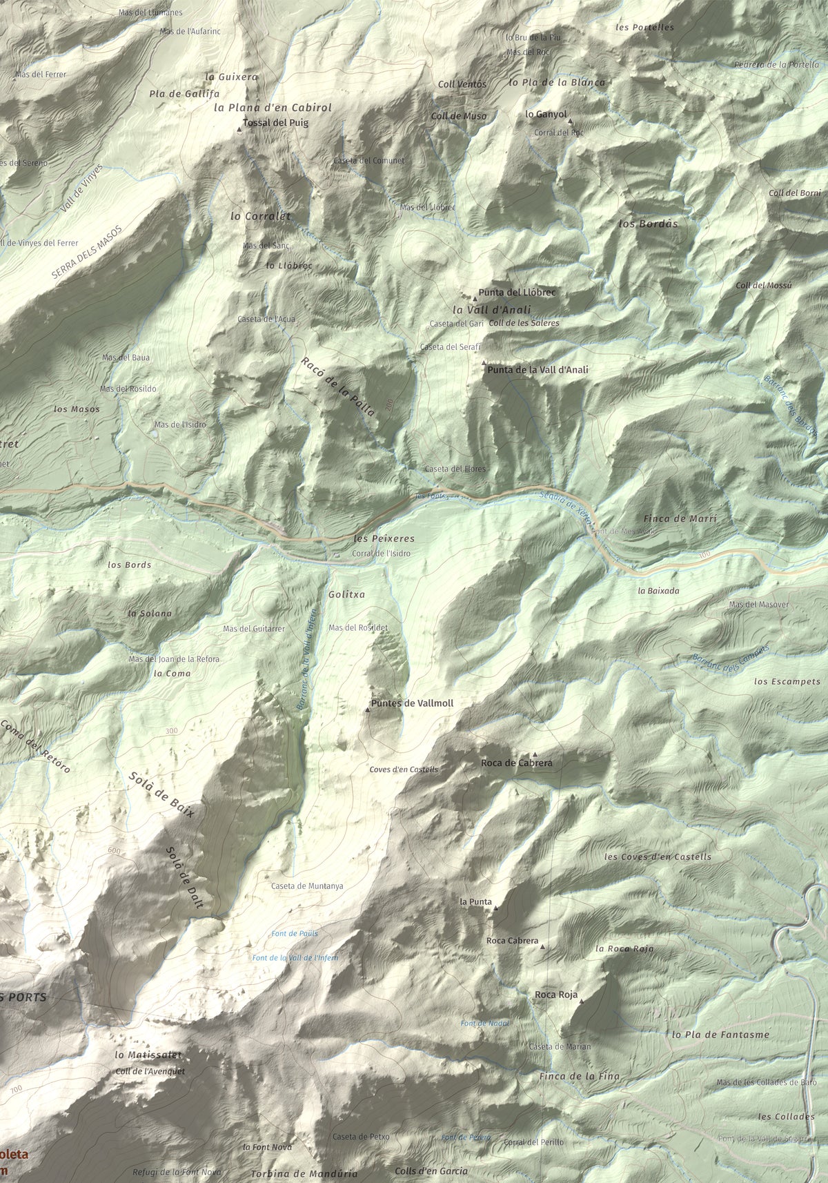 Mapa de relieve de la Moleta, 812 m, Baix Ebre, lámina 100 Cims de Trobart. Detalle de la zona superior derecha. 70 × 100 cm.