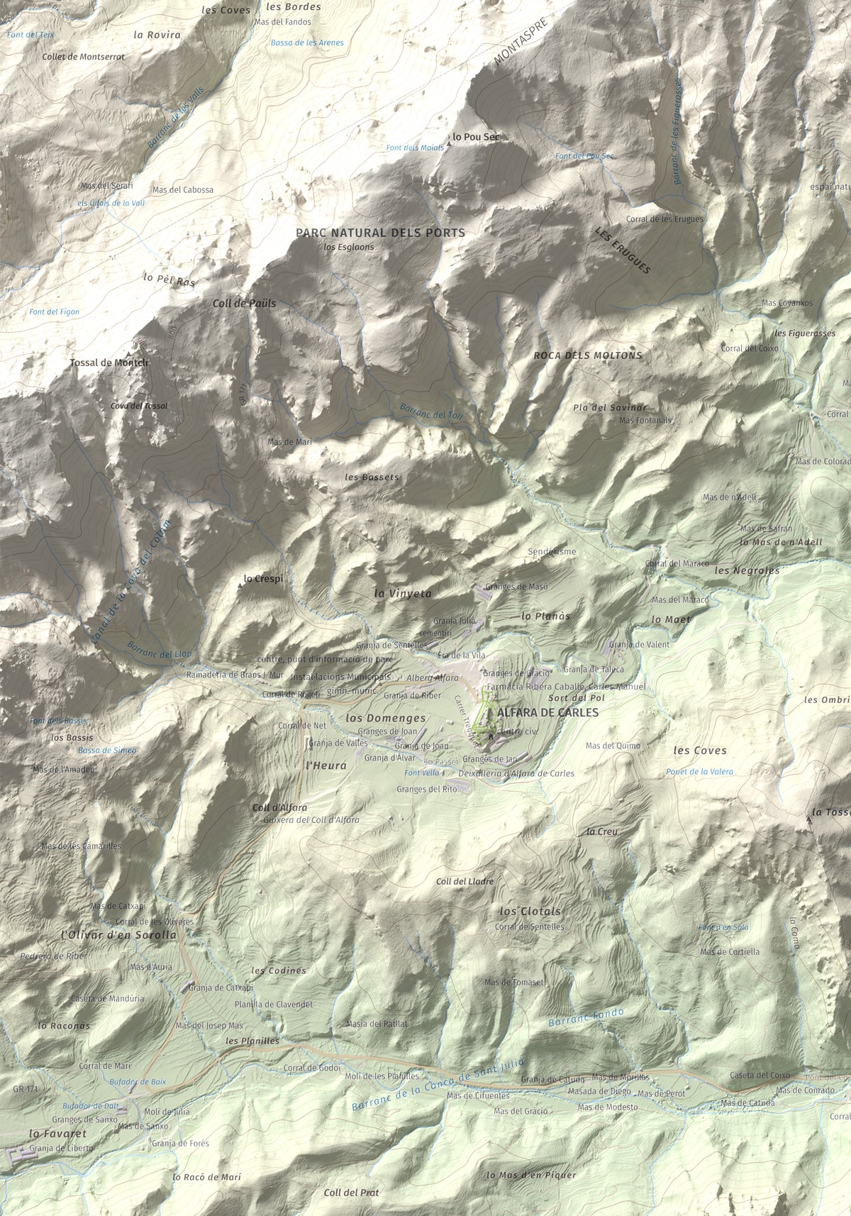 Mapa de relieve de la Moleta, 812 m, Baix Ebre, lámina 100 Cims de Trobart. Detalle de la zona inferior izquierda. 70 × 100 cm.
