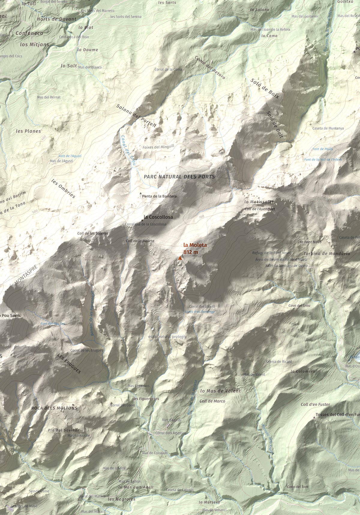 Mapa de relieve de la Moleta, 812 m, Baix Ebre, lámina 100 Cims de Trobart. Detalle de la zona central. 70 × 100 cm.