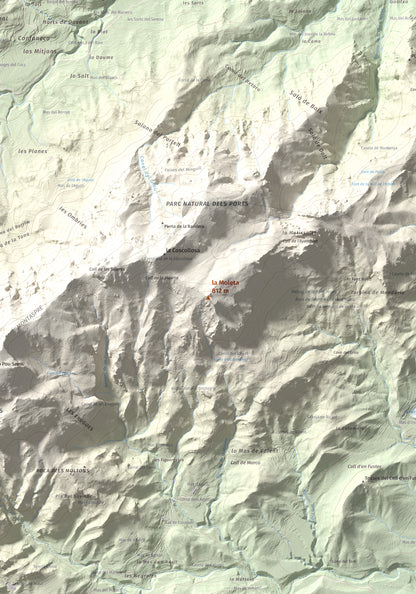 Mapa de relieve de la Moleta, 812 m, Baix Ebre, lámina 100 Cims de Trobart. Detalle de la zona central. 70 × 100 cm.