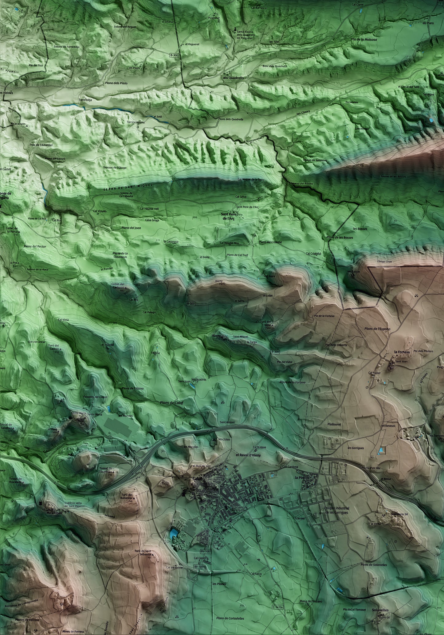 Mapa artístico del relieve de la Molsosa, al Solsonès, con 15 km de entorno y base topográfica ICGC. Detalle de la zona inferior izquierda.