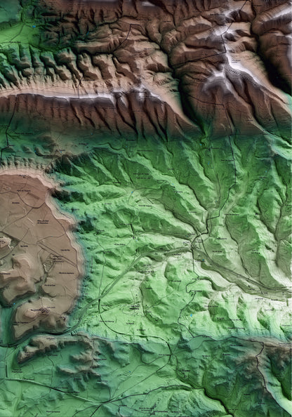 Mapa artístico del relieve de la Molsosa, al Solsonès, con 15 km de entorno y base topográfica ICGC. Detalle de la zona inferior derecha.