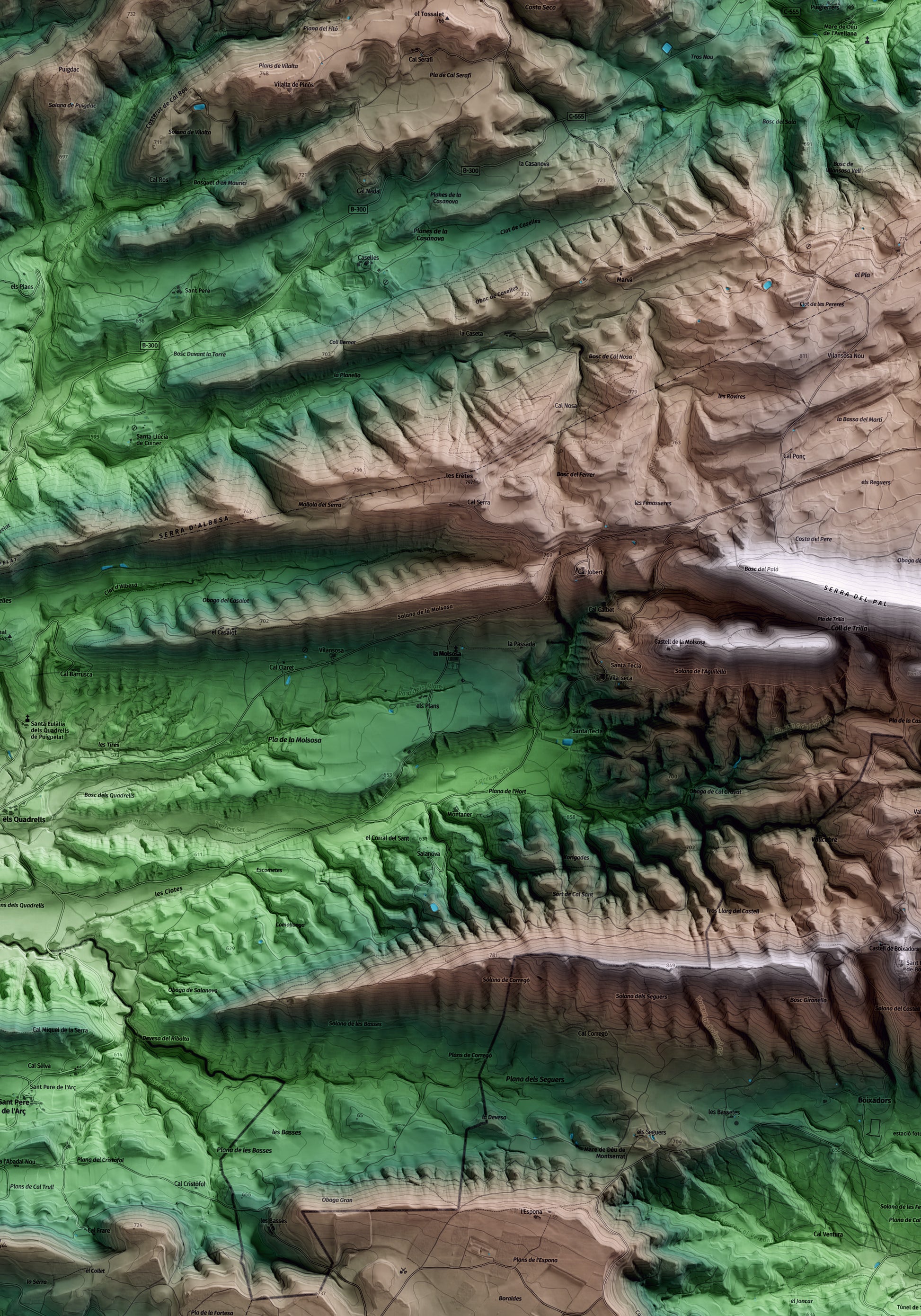 Mapa artístico del relieve de la Molsosa, al Solsonès, con 15 km de entorno y base topográfica ICGC. Detalle de la zona central.