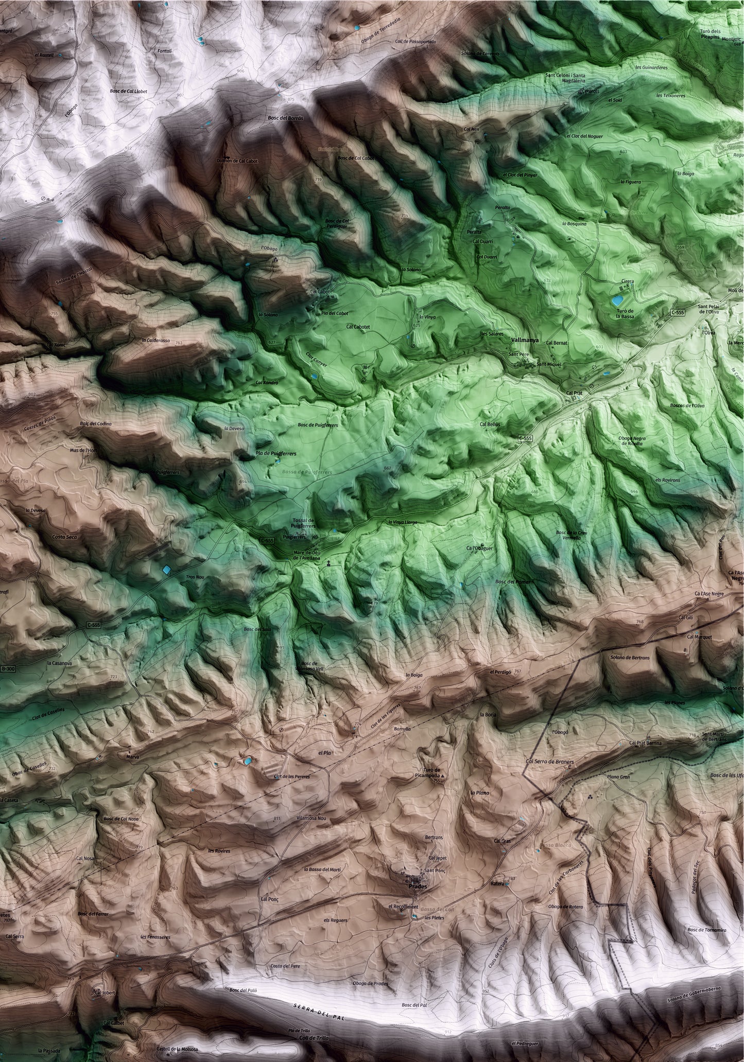Mapa artístico del relieve de la Molsosa, al Solsonès, con 15 km de entorno y base topográfica ICGC. Detalle de la zona superior derecha.