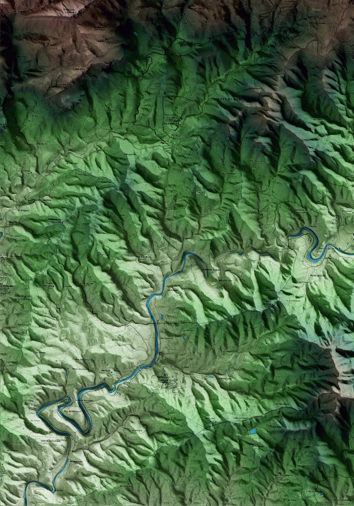 Mapa artístico del relieve de la Morera de Montsant, al Priorat, con 15 km de entorno y base topográfica ICGC. Detalle de la zona inferior izquierda.