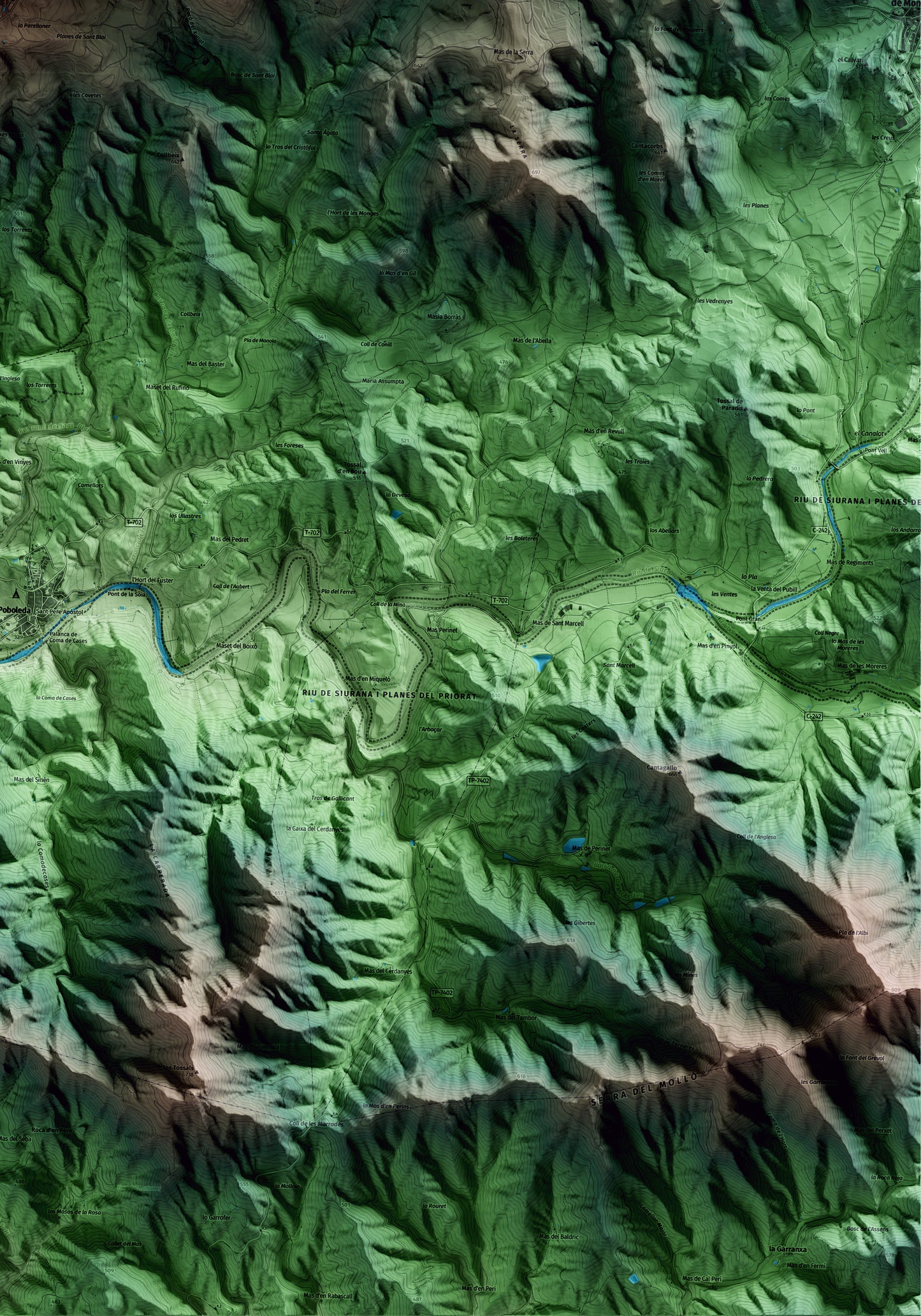 Mapa artístico del relieve de la Morera de Montsant, al Priorat, con 15 km de entorno y base topográfica ICGC. Detalle de la zona inferior derecha.