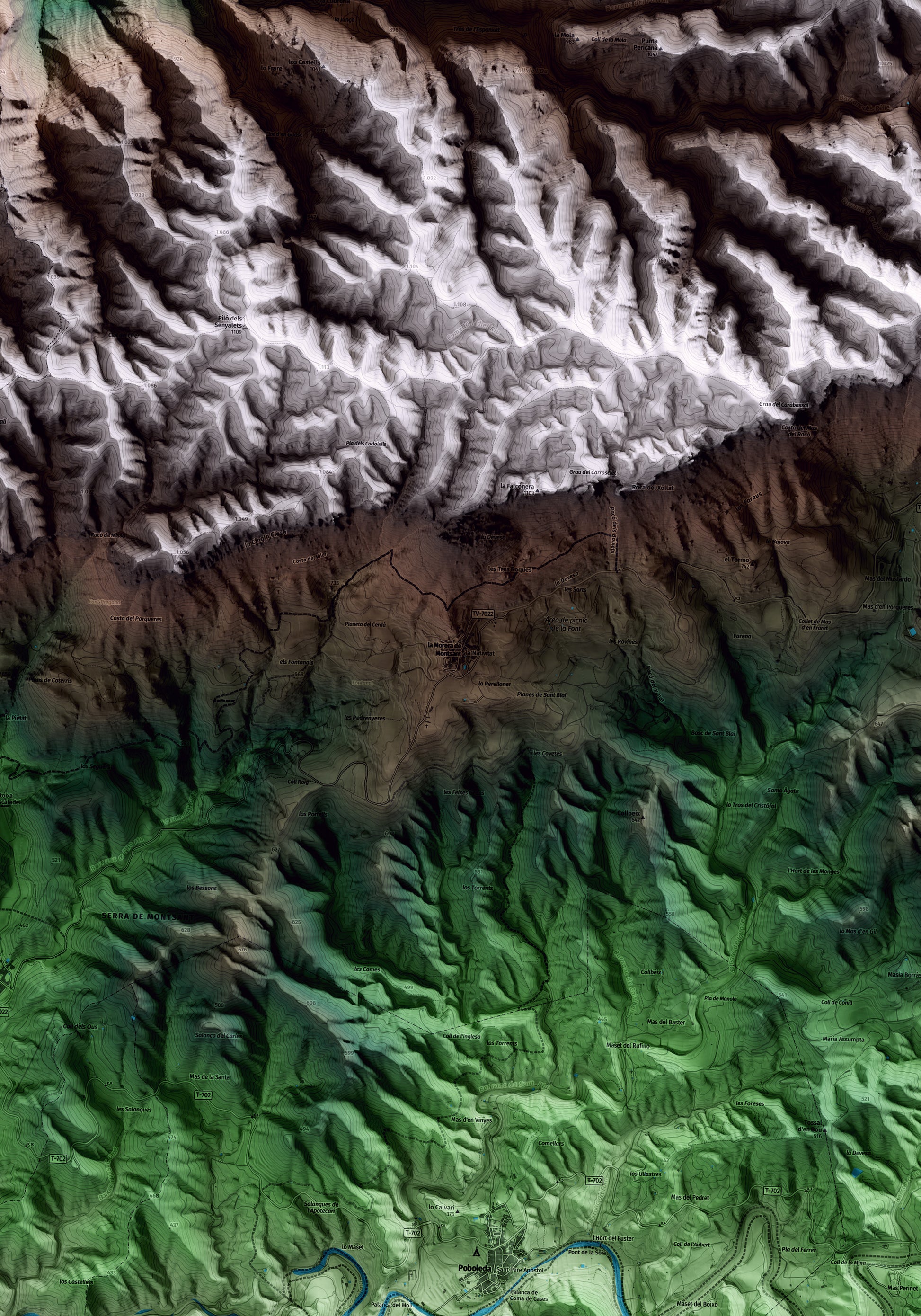 Mapa artístico del relieve de la Morera de Montsant, al Priorat, con 15 km de entorno y base topográfica ICGC. Detalle de la zona central.