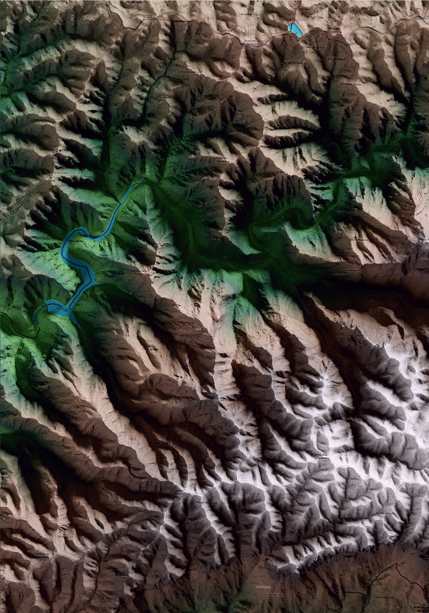 Mapa artístico del relieve de la Morera de Montsant, al Priorat, con 15 km de entorno y base topográfica ICGC. Detalle de la zona superior izquierda.