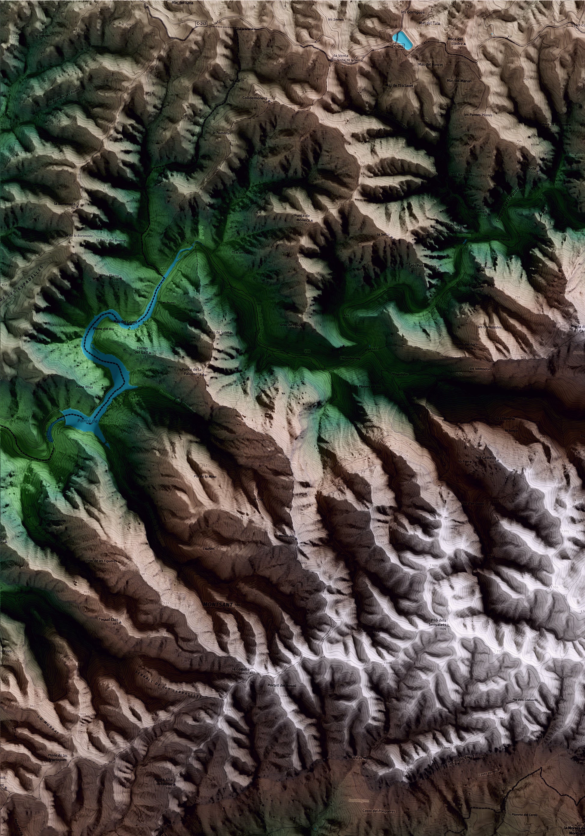 Mapa artístico del relieve de la Morera de Montsant, al Priorat, con 15 km de entorno y base topográfica ICGC. Detalle de la zona superior izquierda.