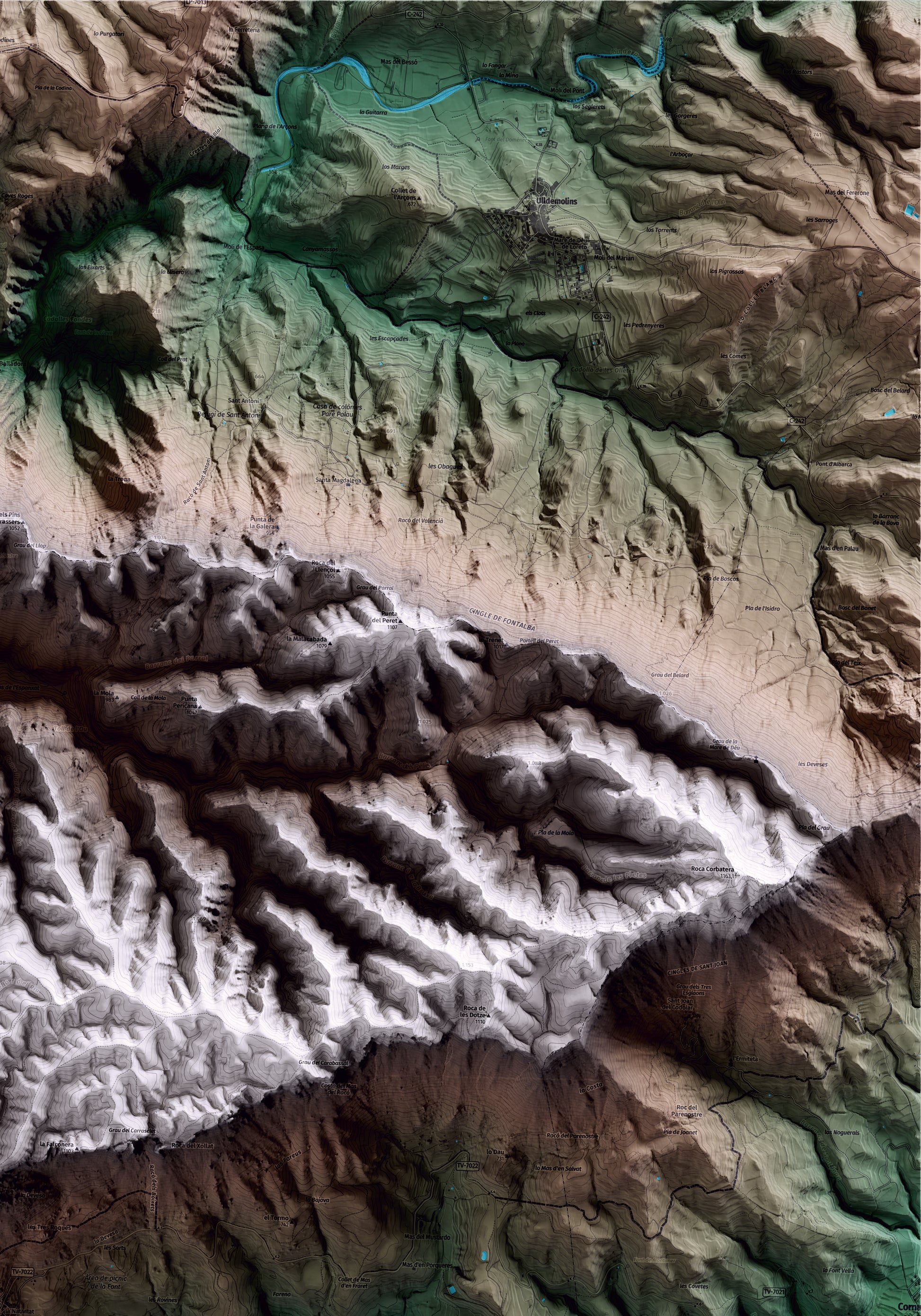 Mapa artístico del relieve de la Morera de Montsant, al Priorat, con 15 km de entorno y base topográfica ICGC. Detalle de la zona superior derecha.