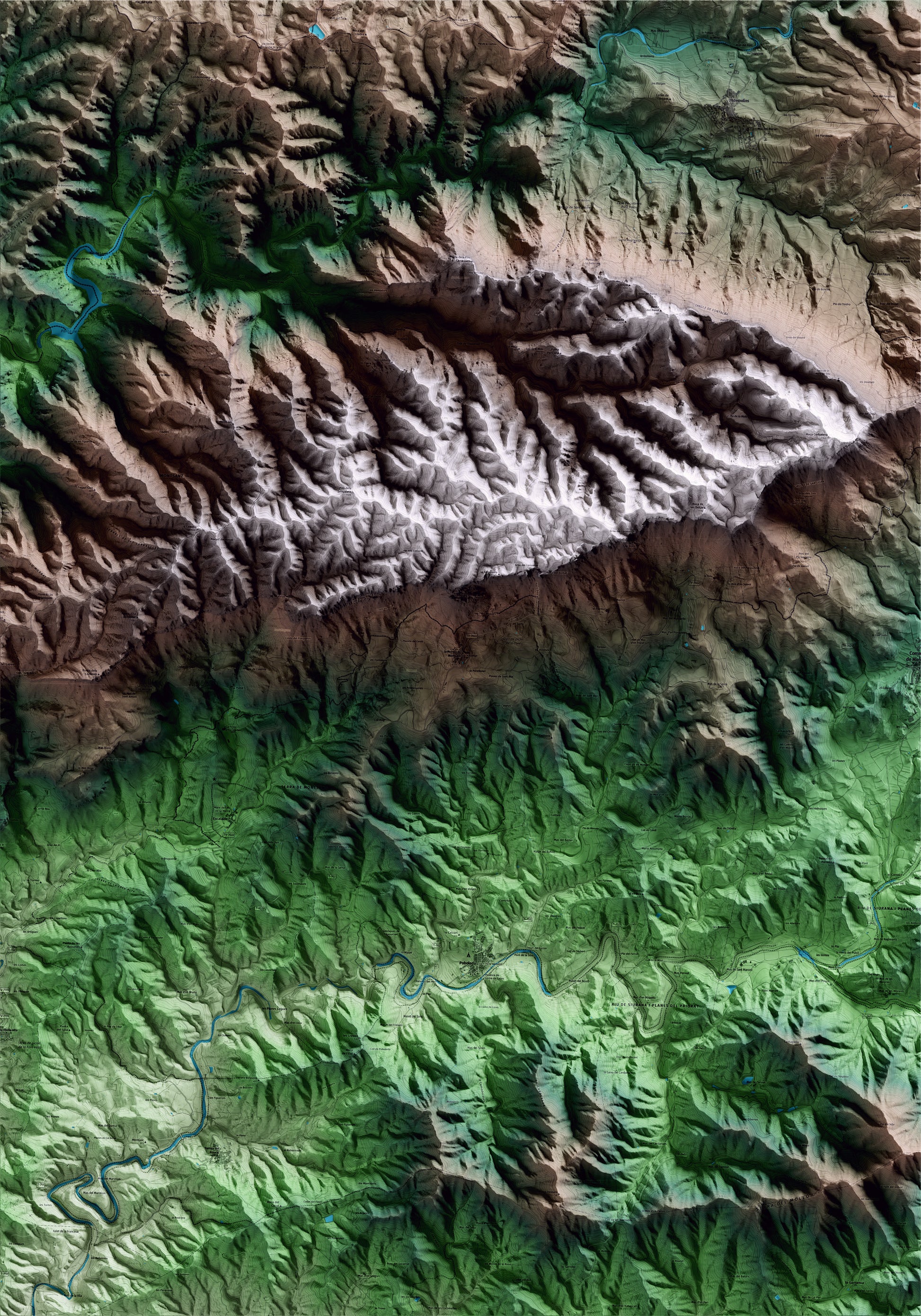 Mapa artístico del relieve de la Morera de Montsant, al Priorat, con 15 km de entorno y base topográfica ICGC