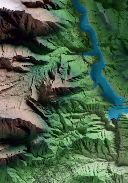 Mapa artístico del relieve de la Nou de Berguedà, al Berguedà, con 15 km de entorno y base topográfica ICGC. Detalle de la zona inferior izquierda.