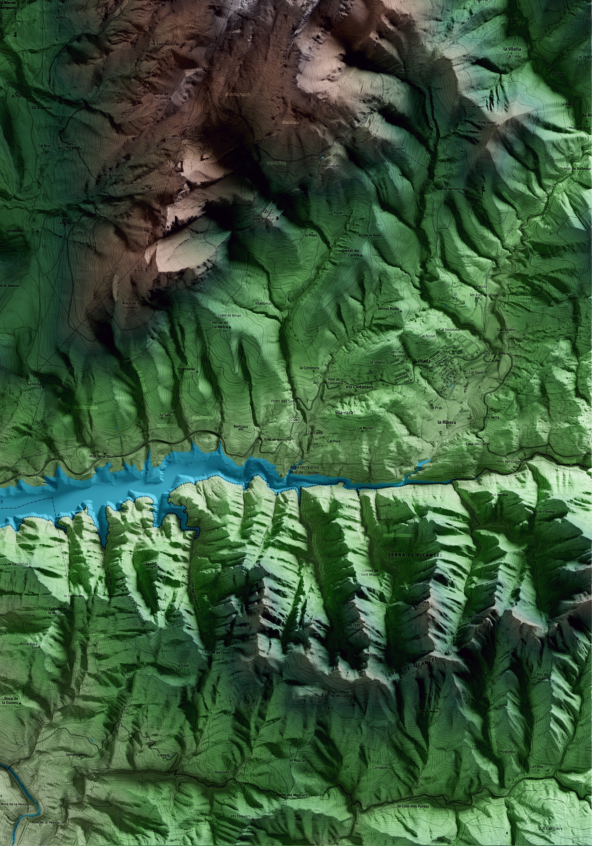 Mapa artístico del relieve de la Nou de Berguedà, al Berguedà, con 15 km de entorno y base topográfica ICGC. Detalle de la zona inferior derecha.