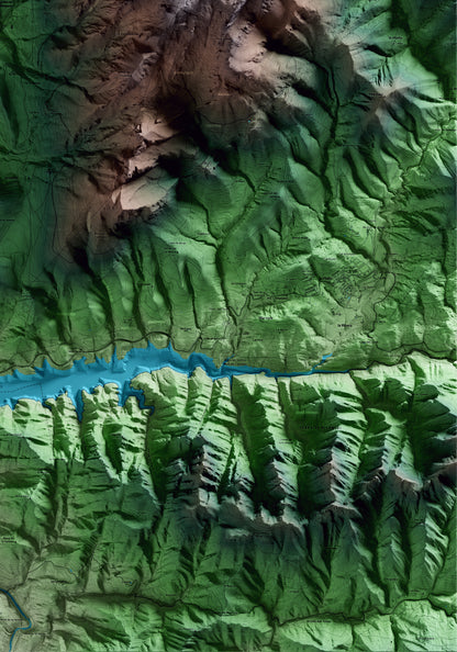 Mapa artístico del relieve de la Nou de Berguedà, al Berguedà, con 15 km de entorno y base topográfica ICGC. Detalle de la zona inferior derecha.