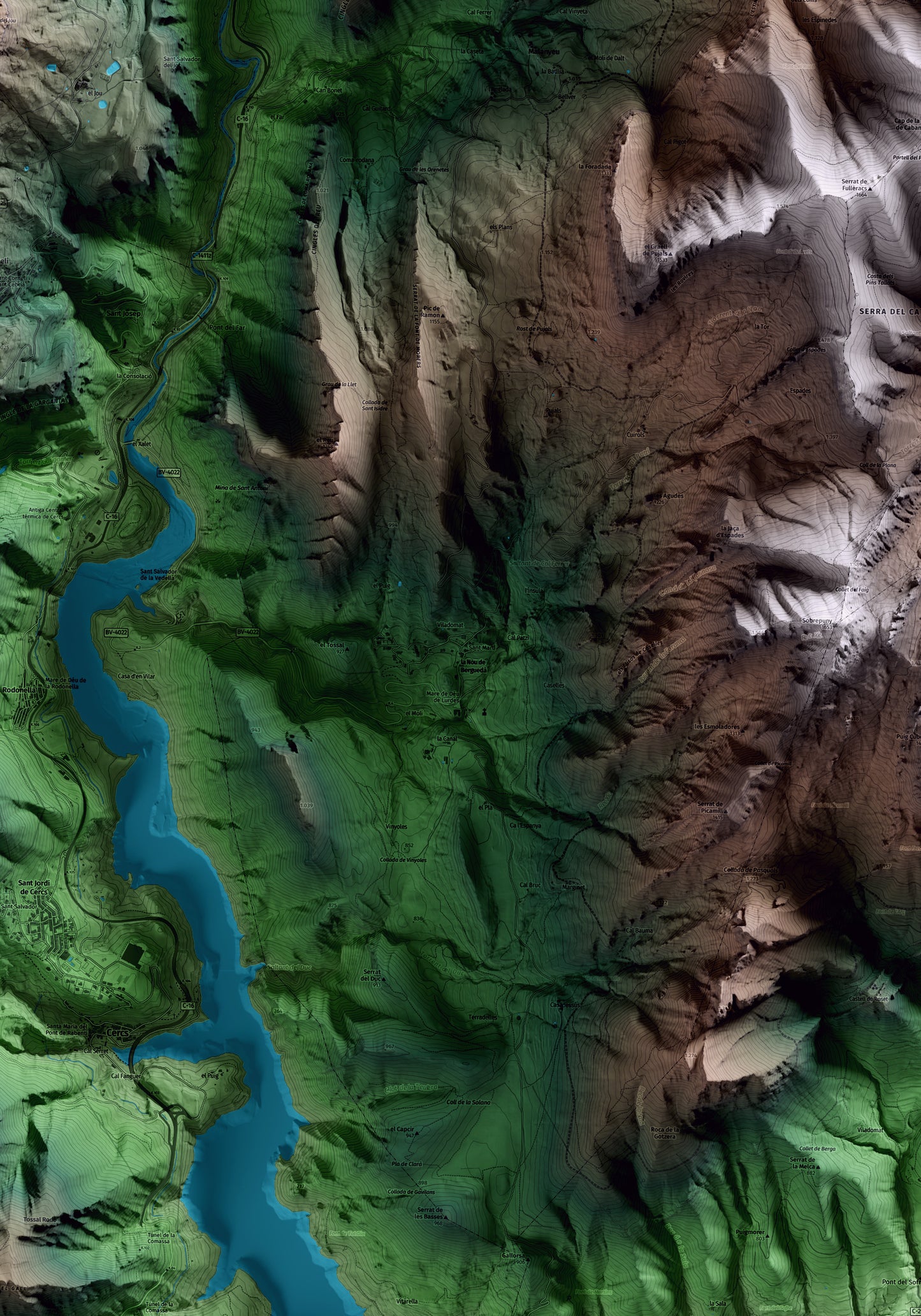 Mapa artístico del relieve de la Nou de Berguedà, al Berguedà, con 15 km de entorno y base topográfica ICGC. Detalle de la zona central.