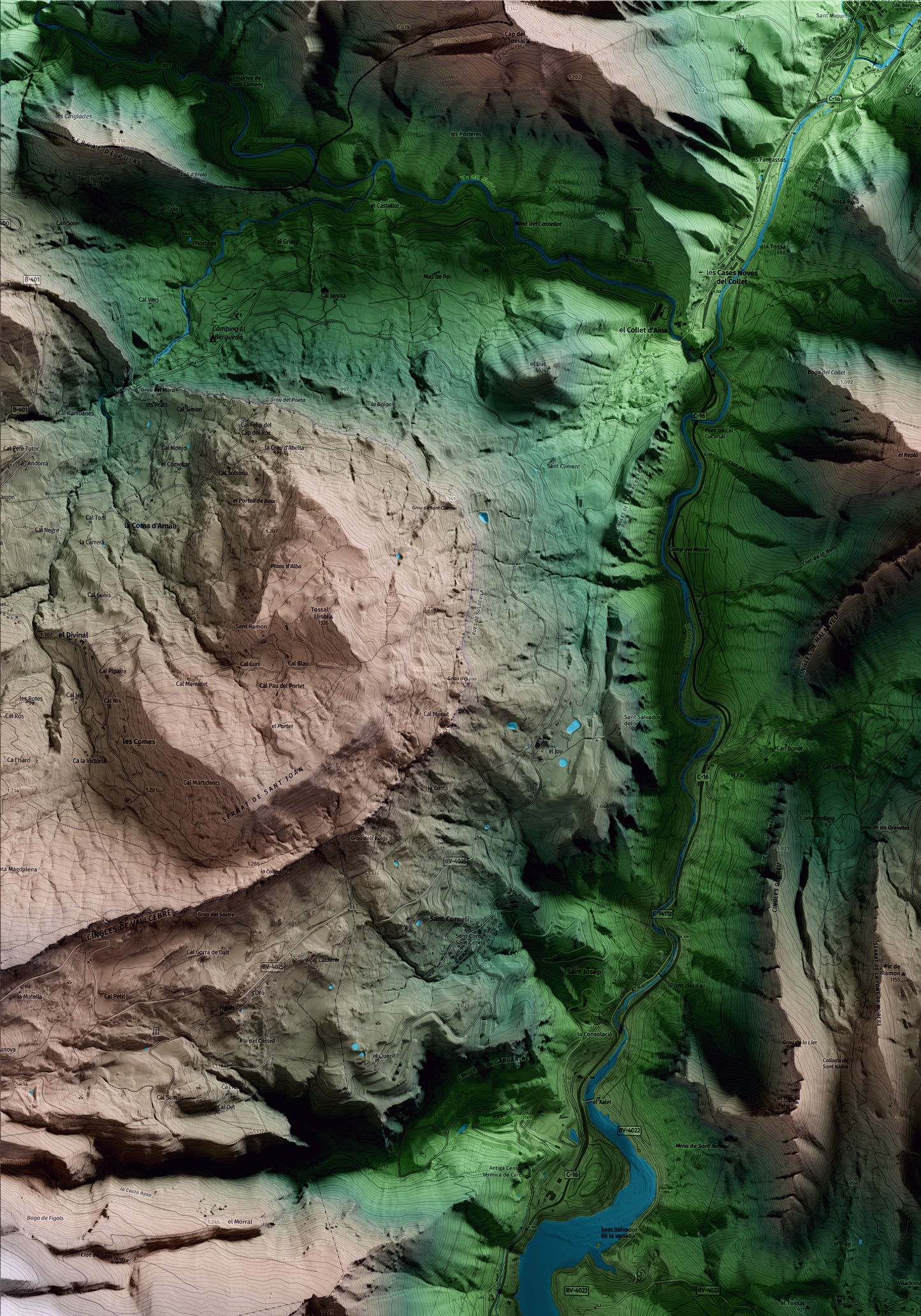 Mapa artístico del relieve de la Nou de Berguedà, al Berguedà, con 15 km de entorno y base topográfica ICGC. Detalle de la zona superior izquierda.