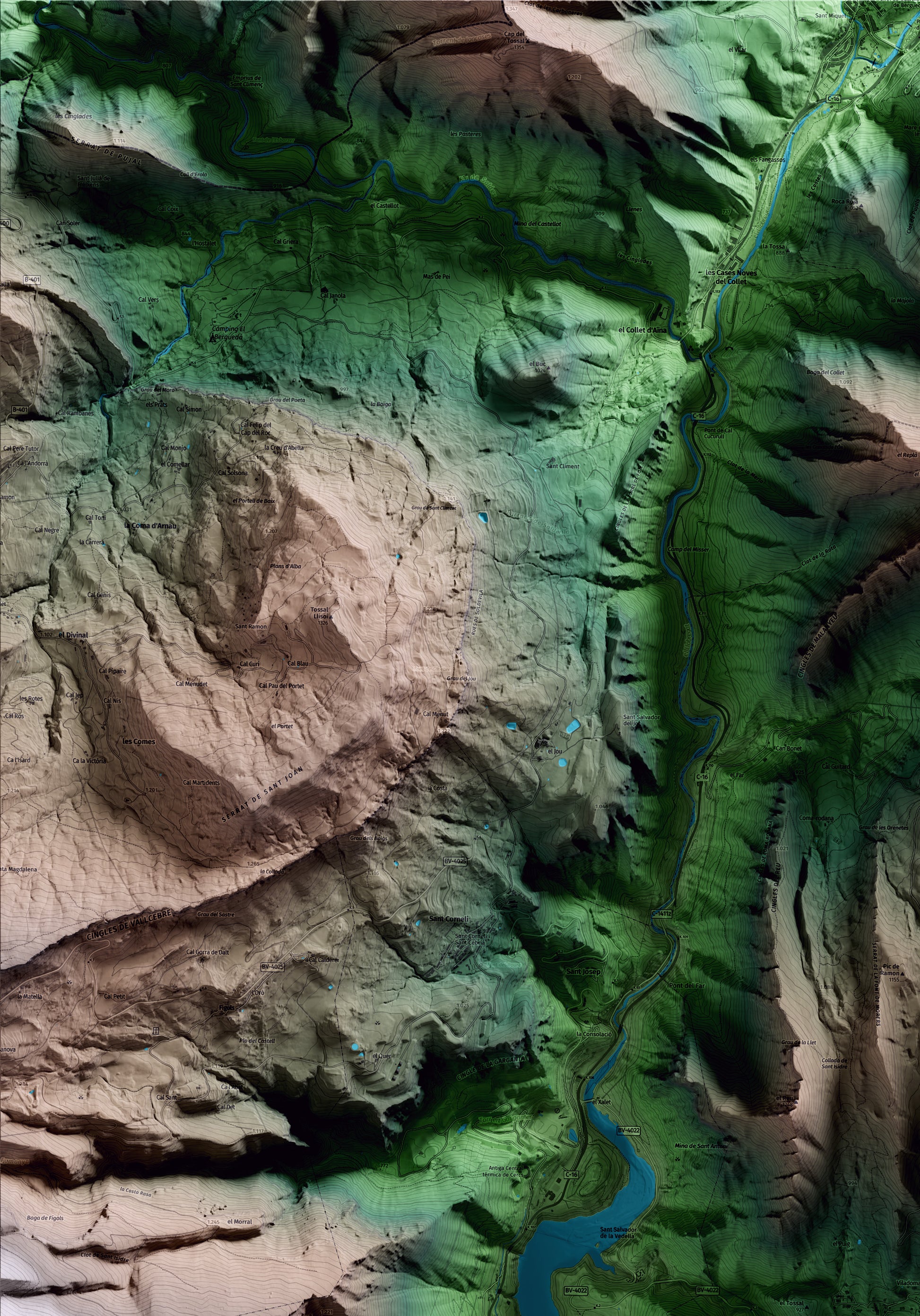 Mapa artístico del relieve de la Nou de Berguedà, al Berguedà, con 15 km de entorno y base topográfica ICGC. Detalle de la zona superior izquierda.
