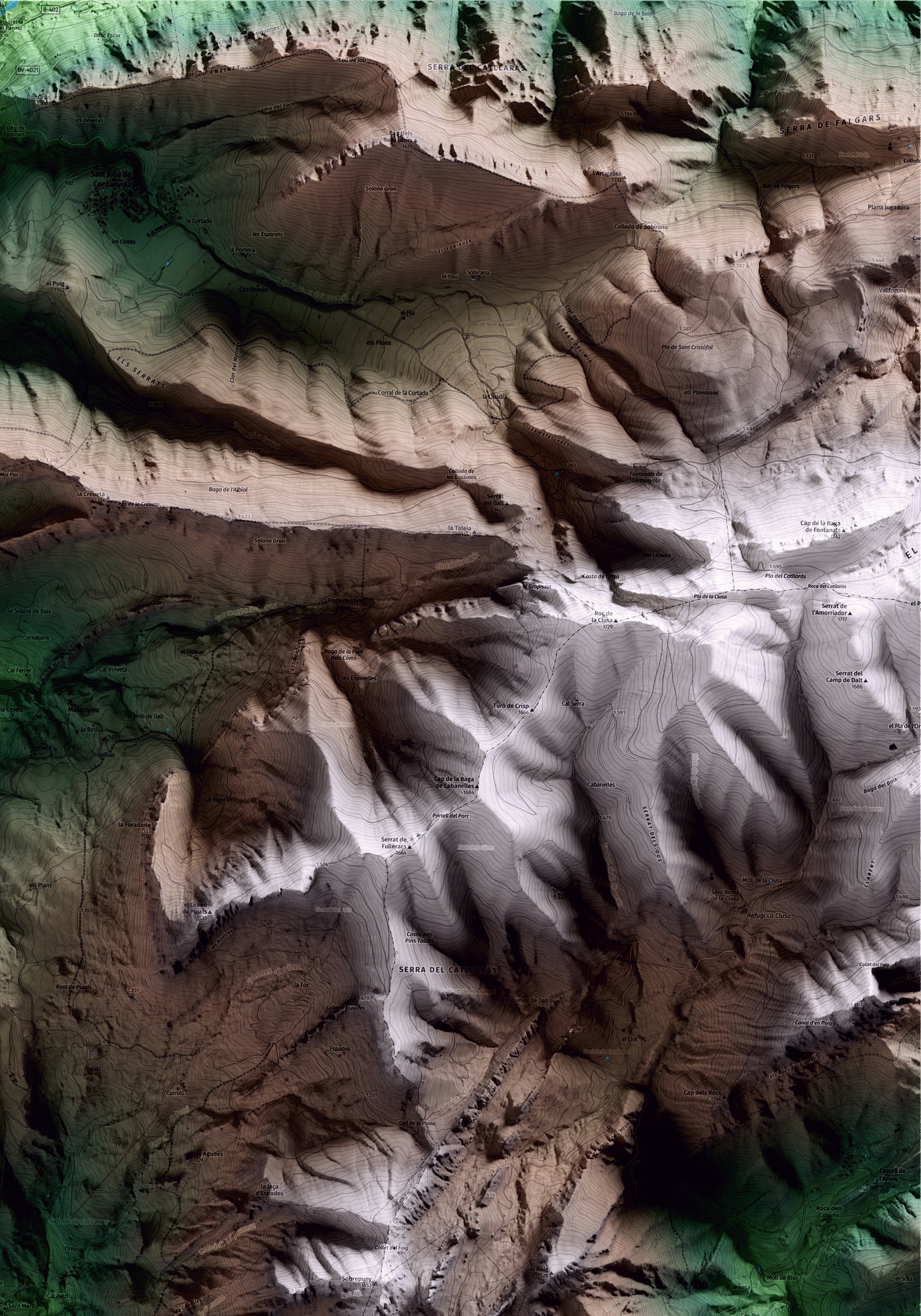 Mapa artístico del relieve de la Nou de Berguedà, al Berguedà, con 15 km de entorno y base topográfica ICGC. Detalle de la zona superior derecha.