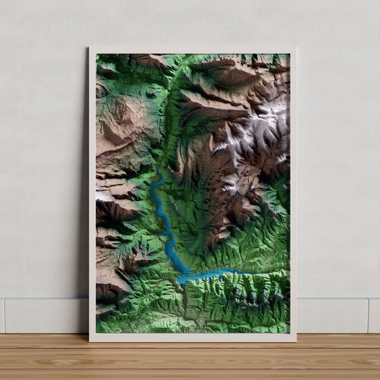 Mapa artístico del relieve de la Nou de Berguedà, al Berguedà, con 15 km de entorno y base topográfica ICGC. Presentación enmarcada.