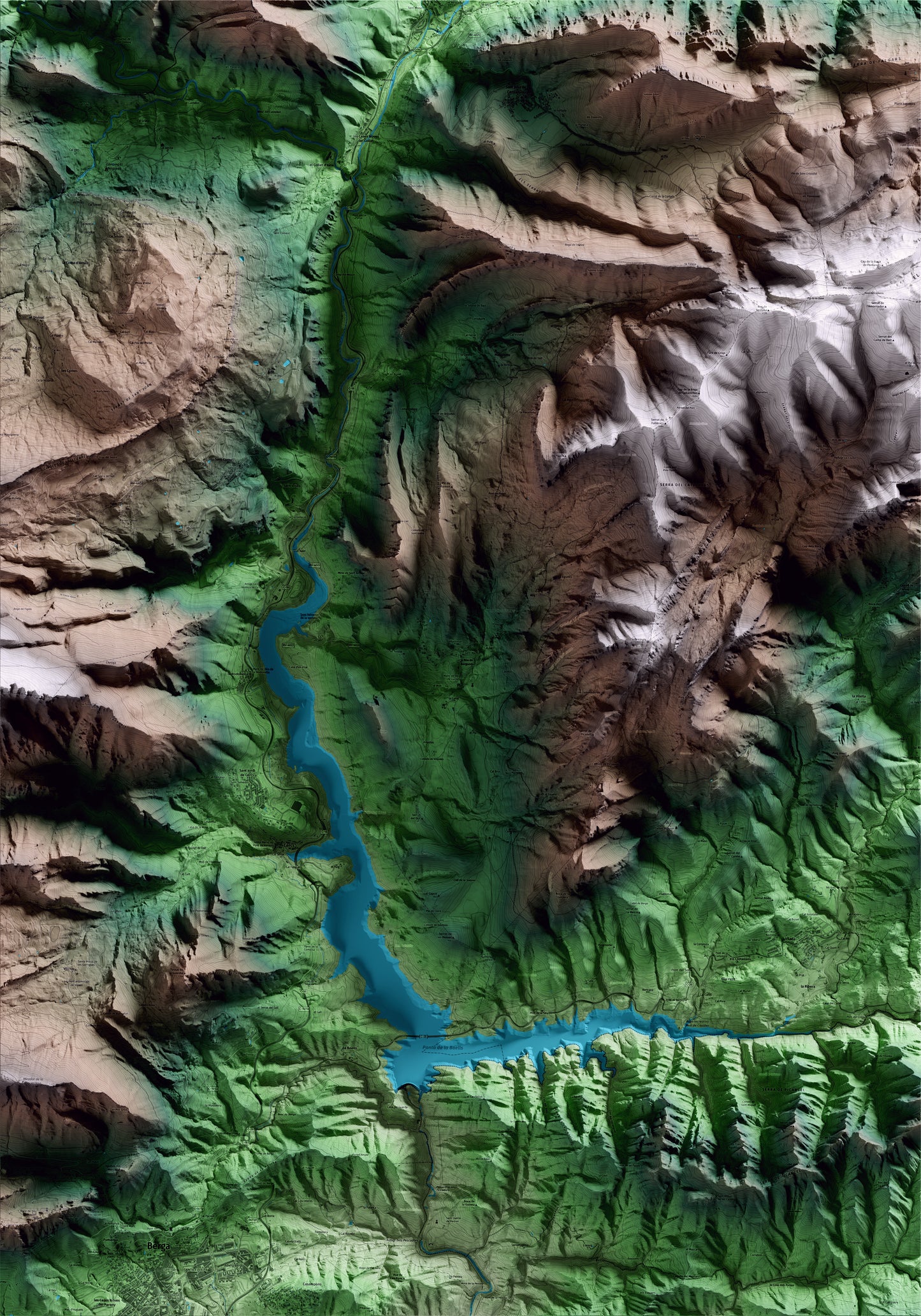 Mapa artístico del relieve de la Nou de Berguedà, al Berguedà, con 15 km de entorno y base topográfica ICGC