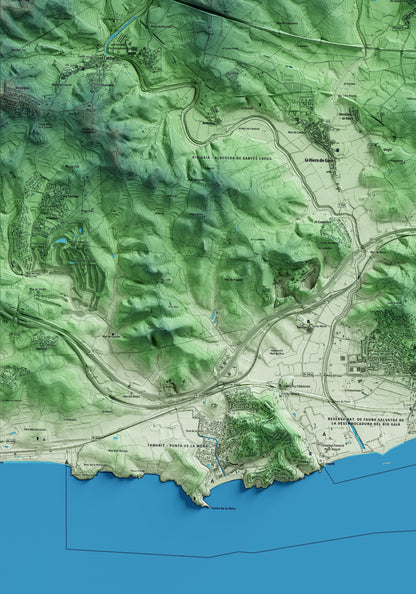 Mapa artístico del relieve de la Nou de Gaià, al Tarragonès, con 15 km de entorno y base topográfica ICGC. Detalle de la zona inferior izquierda.