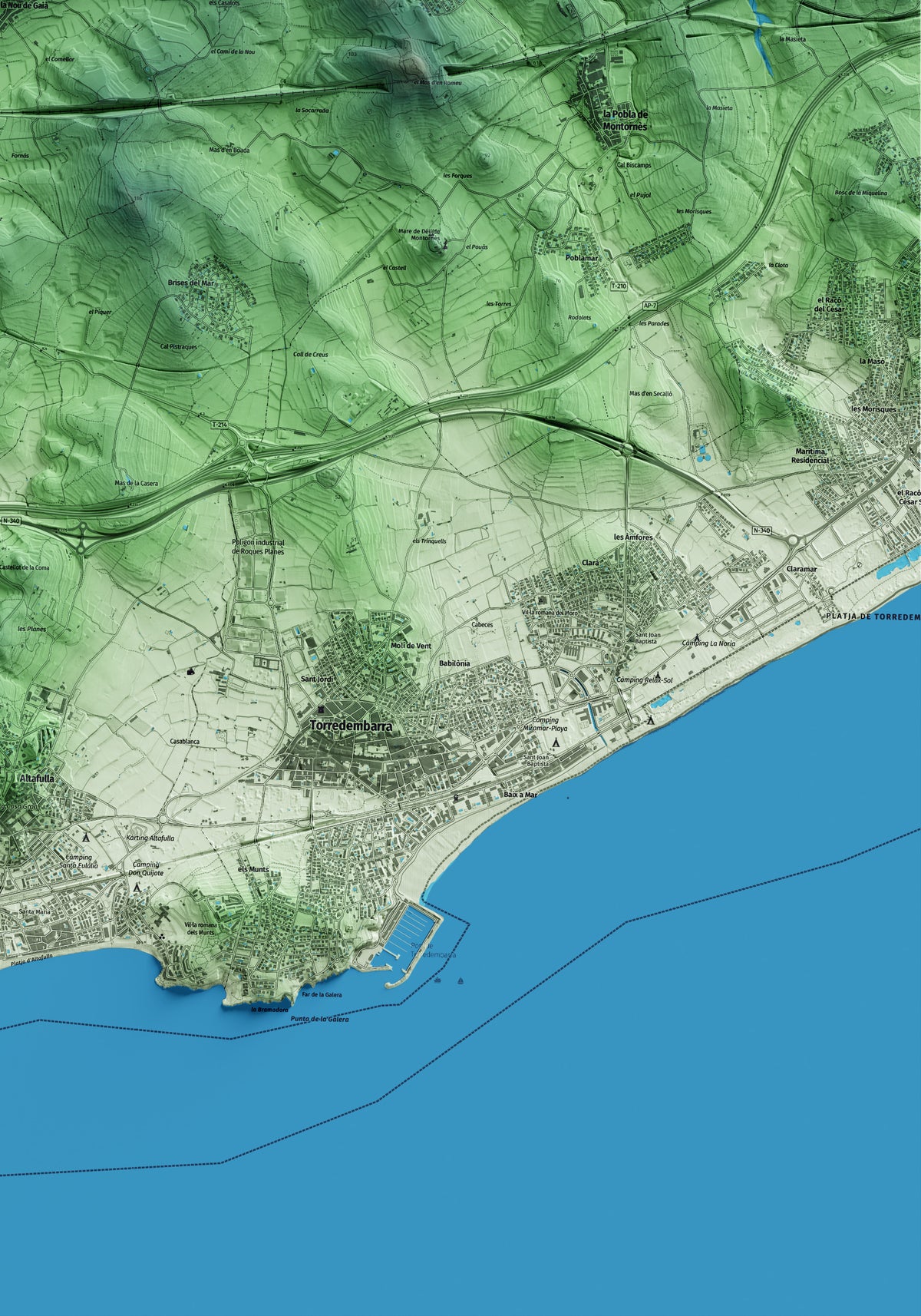 Mapa artístico del relieve de la Nou de Gaià, al Tarragonès, con 15 km de entorno y base topográfica ICGC. Detalle de la zona inferior derecha.