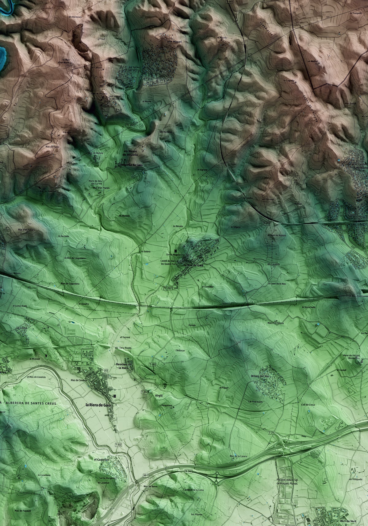 Mapa artístico del relieve de la Nou de Gaià, al Tarragonès, con 15 km de entorno y base topográfica ICGC. Detalle de la zona central.