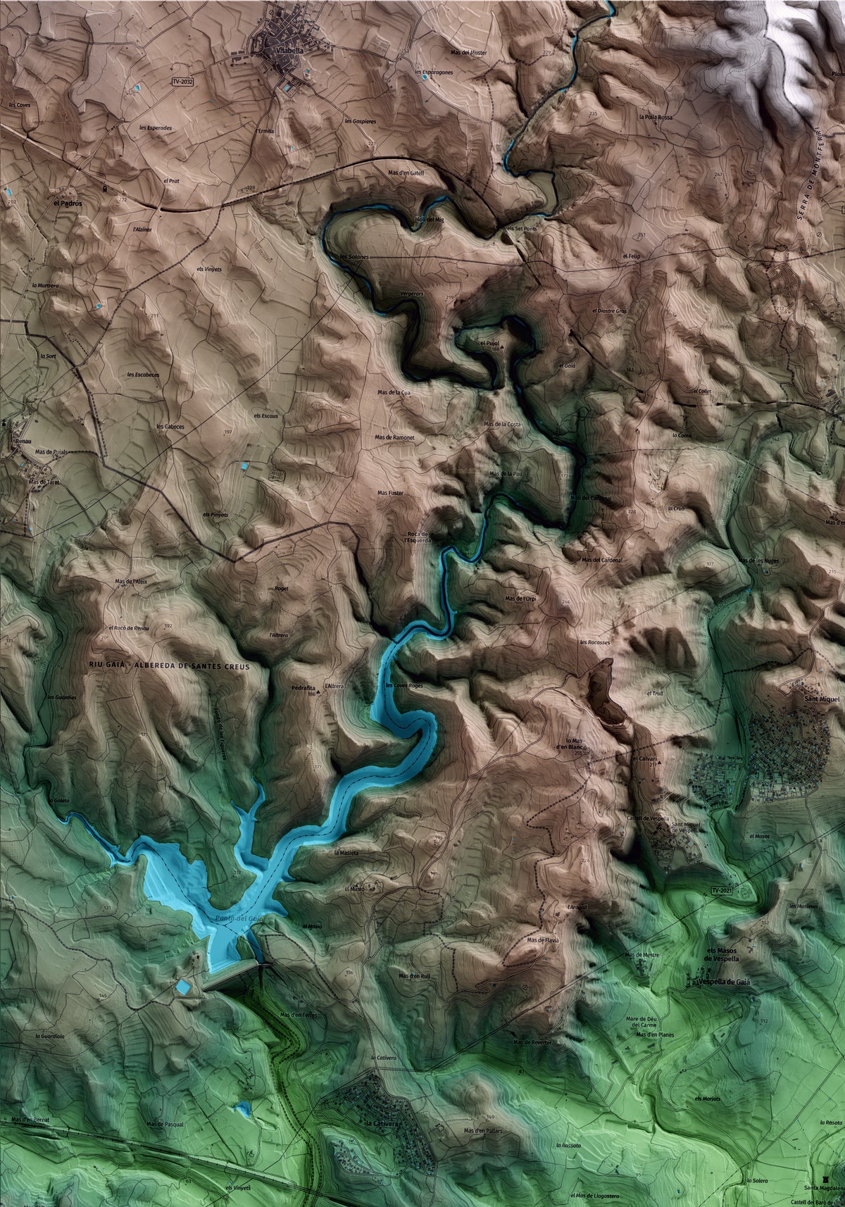 Mapa artístico del relieve de la Nou de Gaià, al Tarragonès, con 15 km de entorno y base topográfica ICGC. Detalle de la zona superior izquierda.