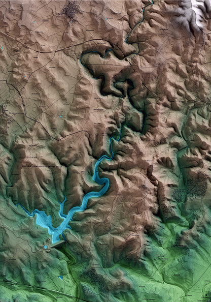 Mapa artístico del relieve de la Nou de Gaià, al Tarragonès, con 15 km de entorno y base topográfica ICGC. Detalle de la zona superior izquierda.