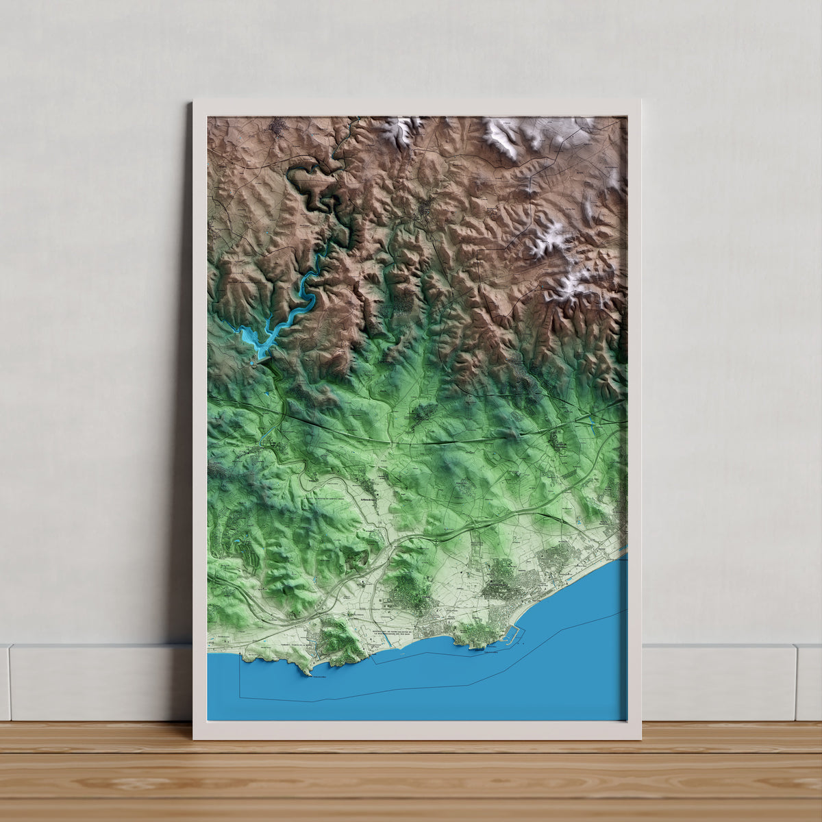 Mapa artístico del relieve de la Nou de Gaià, al Tarragonès, con 15 km de entorno y base topográfica ICGC. Presentación enmarcada.