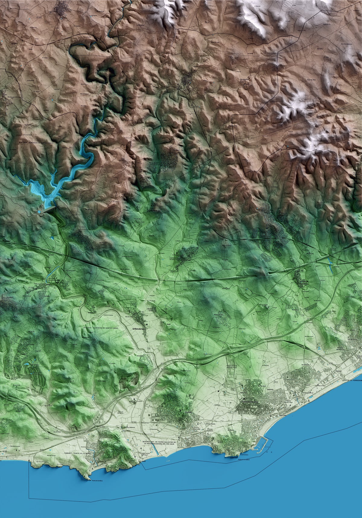 Mapa artístico del relieve de la Nou de Gaià, al Tarragonès, con 15 km de entorno y base topográfica ICGC
