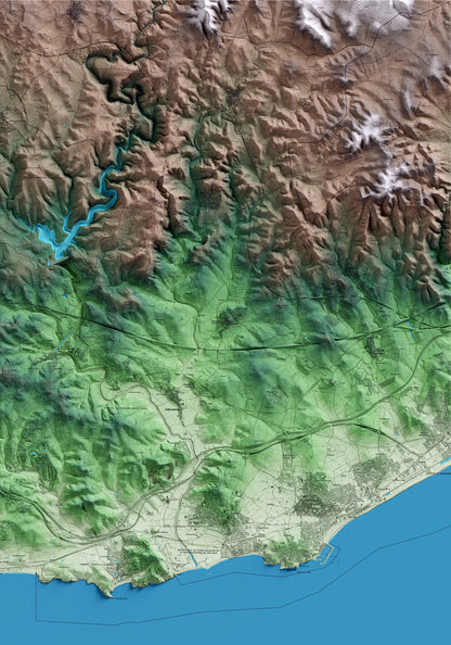 Mapa artístico del relieve de la Nou de Gaià, al Tarragonès, con 15 km de entorno y base topográfica ICGC