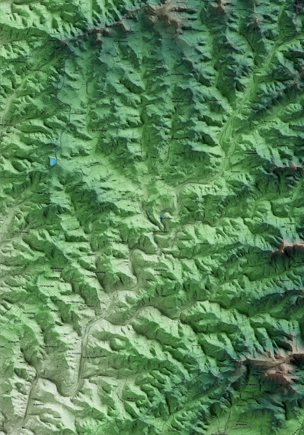 Mapa artístico del relieve de la Palma d'Ebre, a la Ribera de Ebro, con 15 km de entorno y base topográfica ICGC. Detalle de la zona inferior izquierda.
