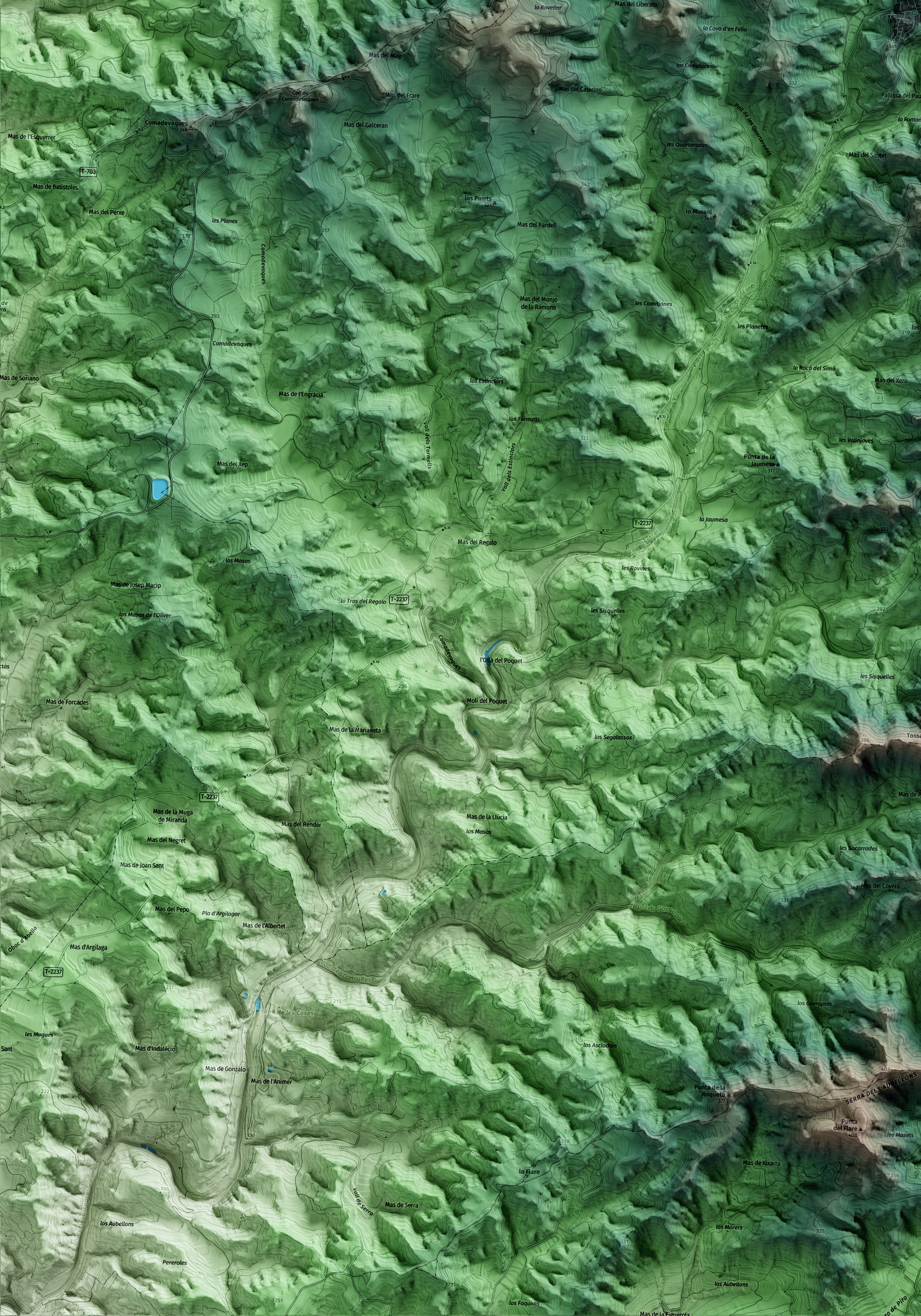 Mapa artístico del relieve de la Palma d'Ebre, a la Ribera de Ebro, con 15 km de entorno y base topográfica ICGC. Detalle de la zona inferior izquierda.