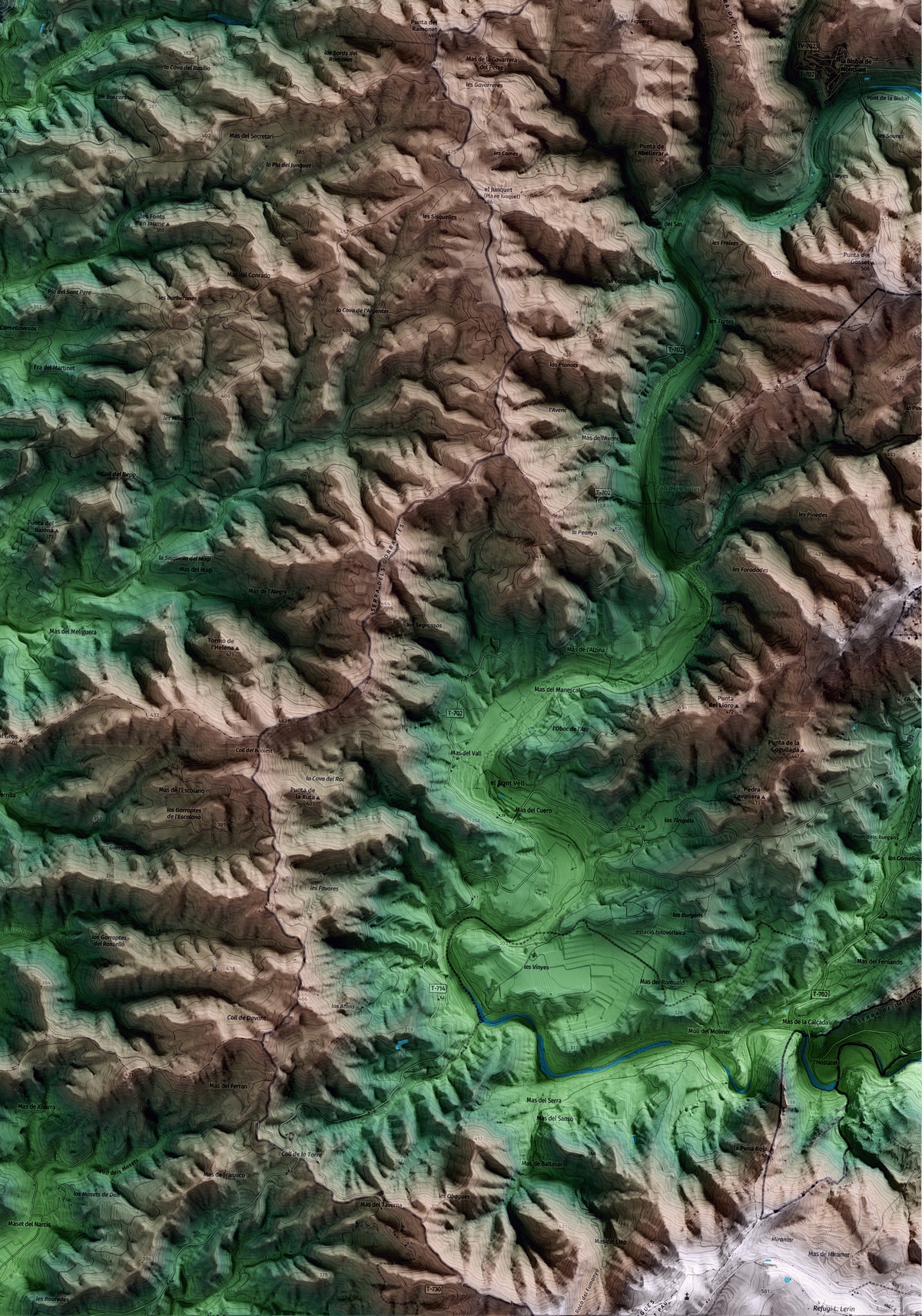Mapa artístico del relieve de la Palma d'Ebre, a la Ribera de Ebro, con 15 km de entorno y base topográfica ICGC. Detalle de la zona inferior derecha.