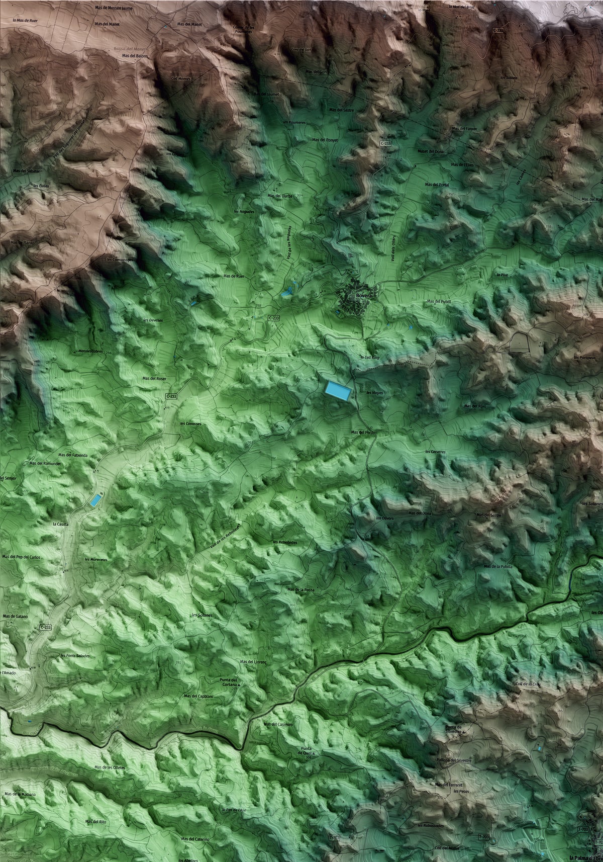Mapa artístico del relieve de la Palma d'Ebre, a la Ribera de Ebro, con 15 km de entorno y base topográfica ICGC. Detalle de la zona superior izquierda.
